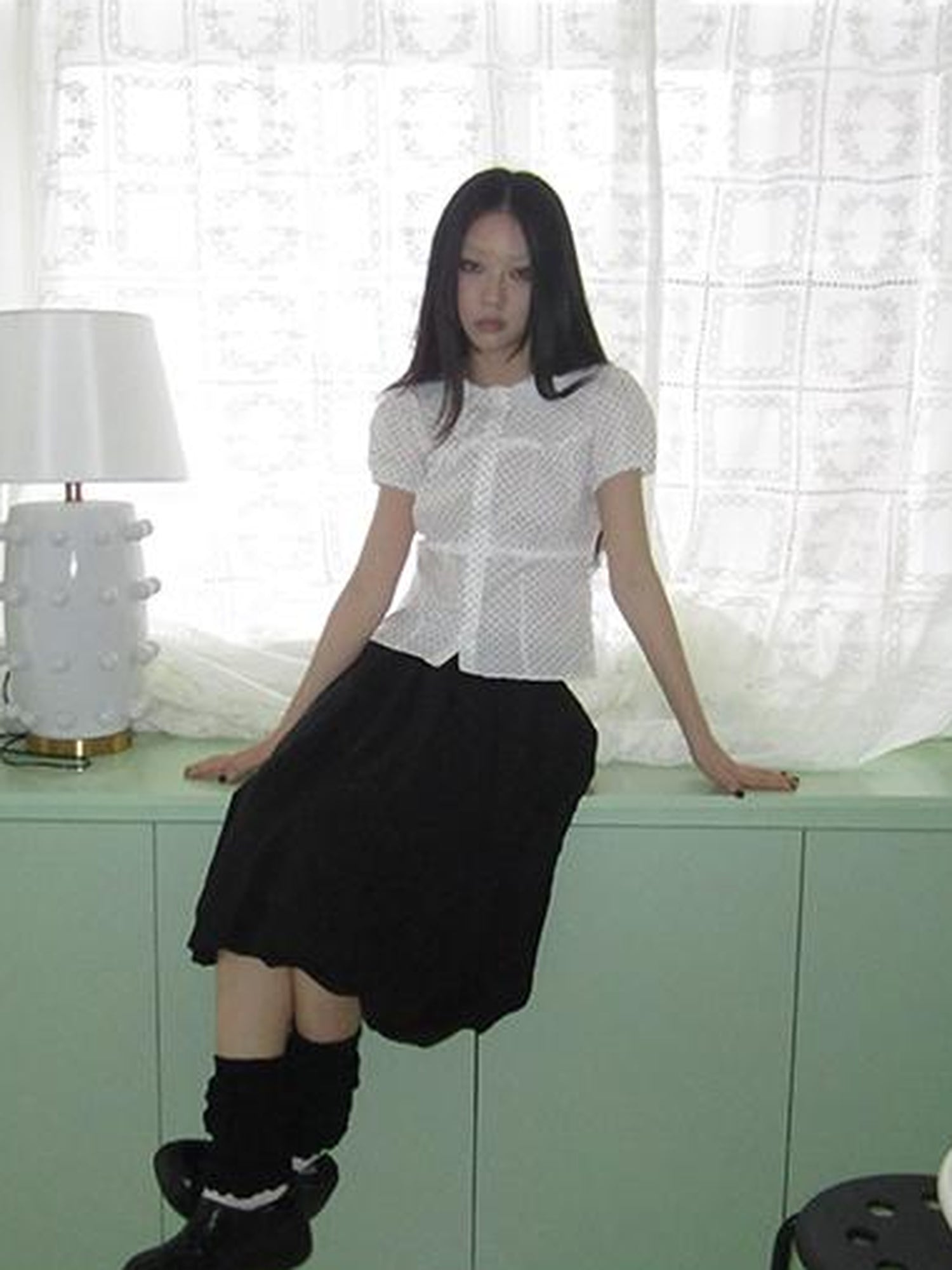 ang project Floral Lace Trim Dot Print Short Sleeve Blouse