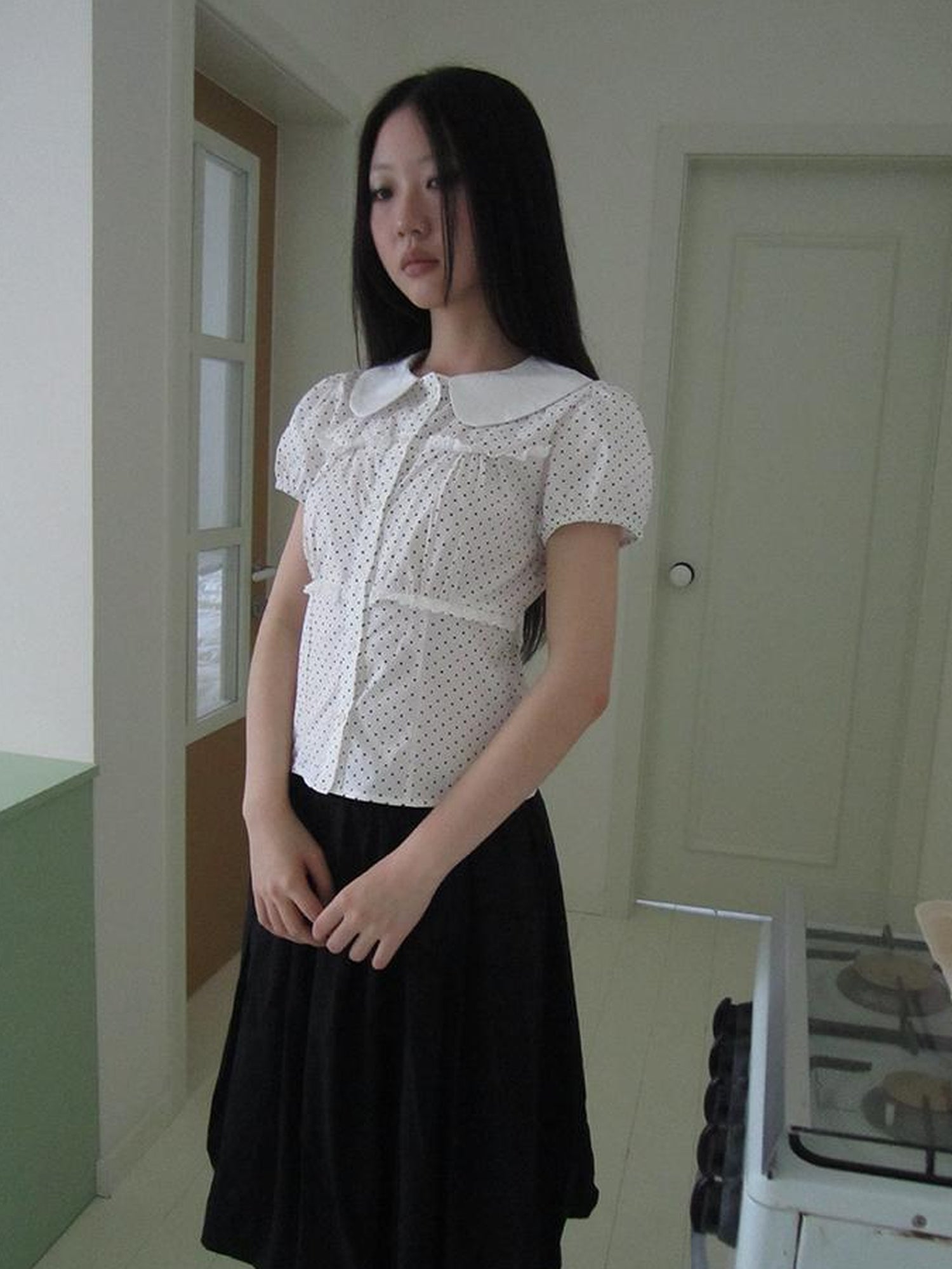 ang project Floral Lace Trim Dot Print Short Sleeve Blouse