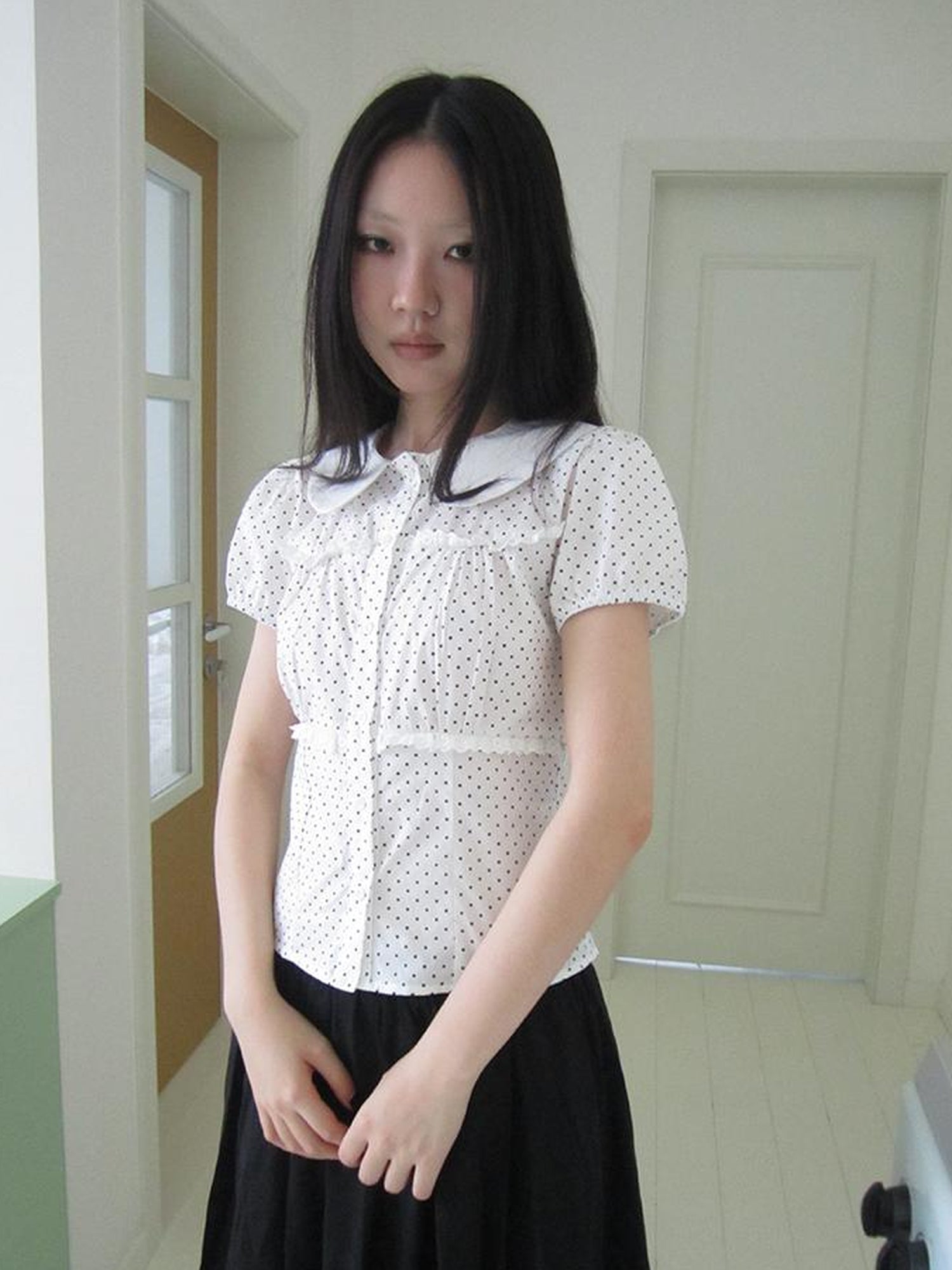 ang project Floral Lace Trim Dot Print Short Sleeve Blouse