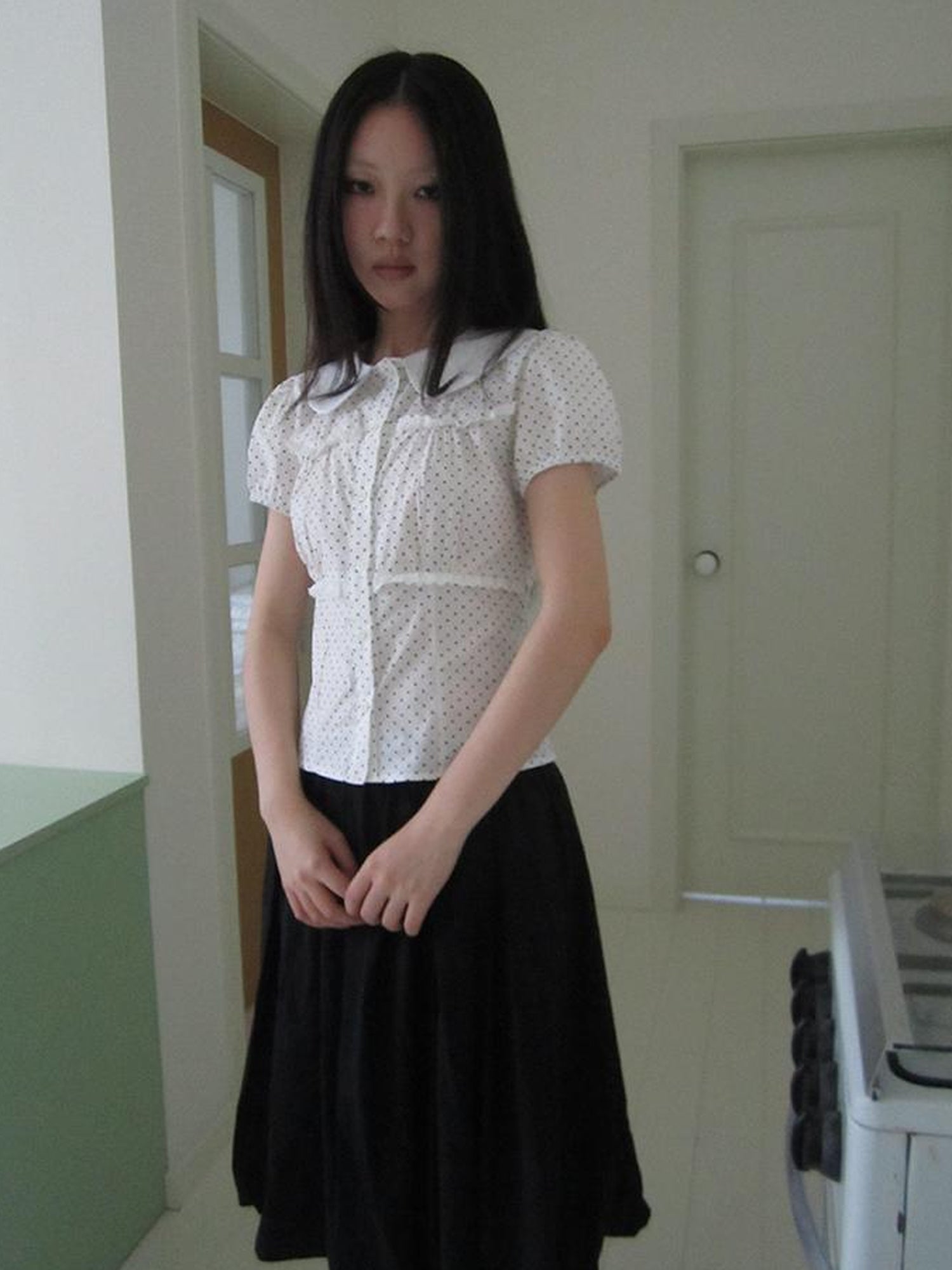 ang project Floral Lace Trim Dot Print Short Sleeve Blouse