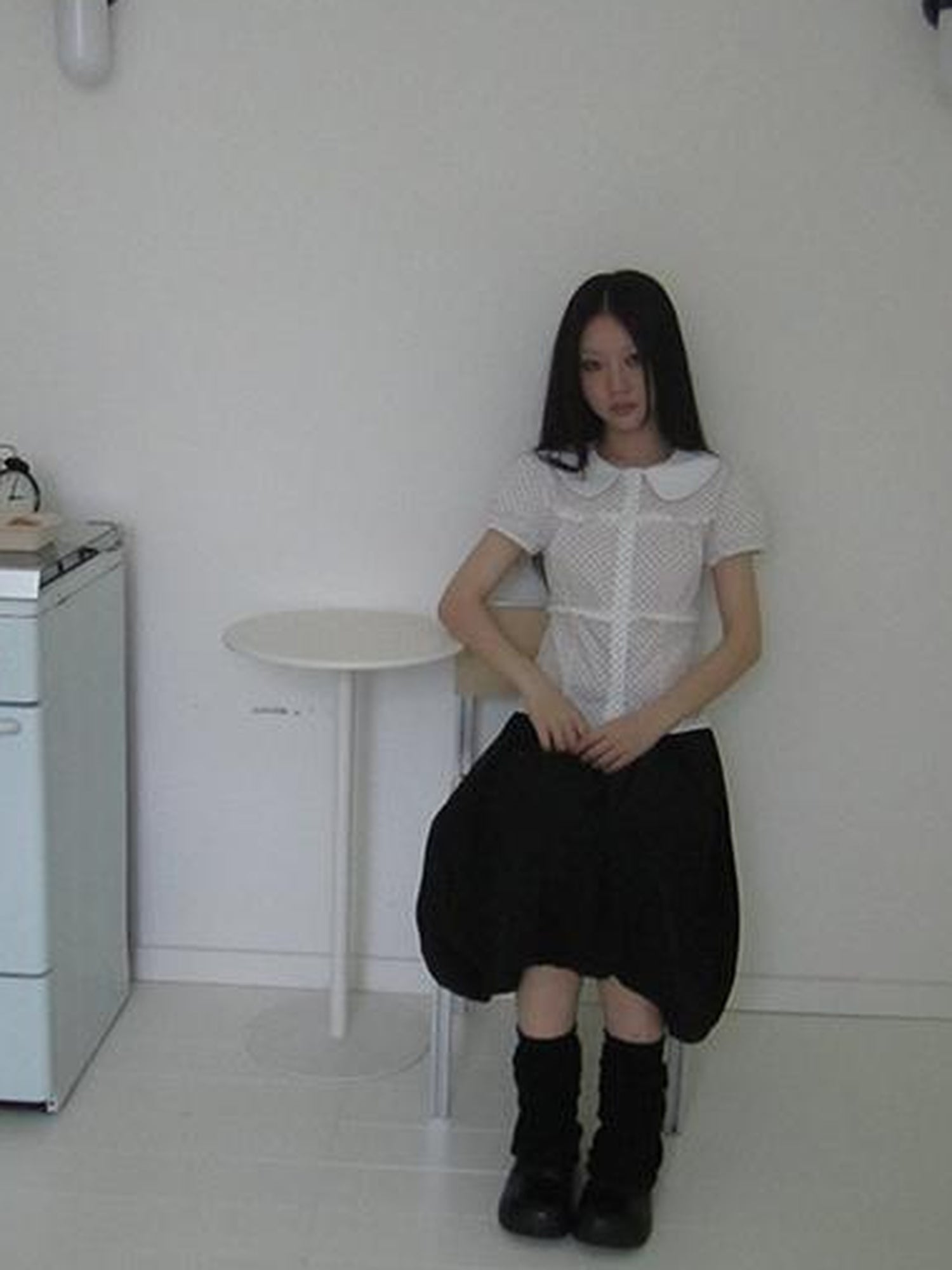 ang project Floral Lace Trim Dot Print Short Sleeve Blouse