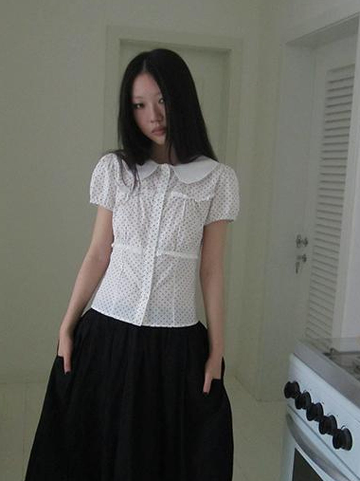 ang project Floral Lace Trim Dot Print Short Sleeve Blouse