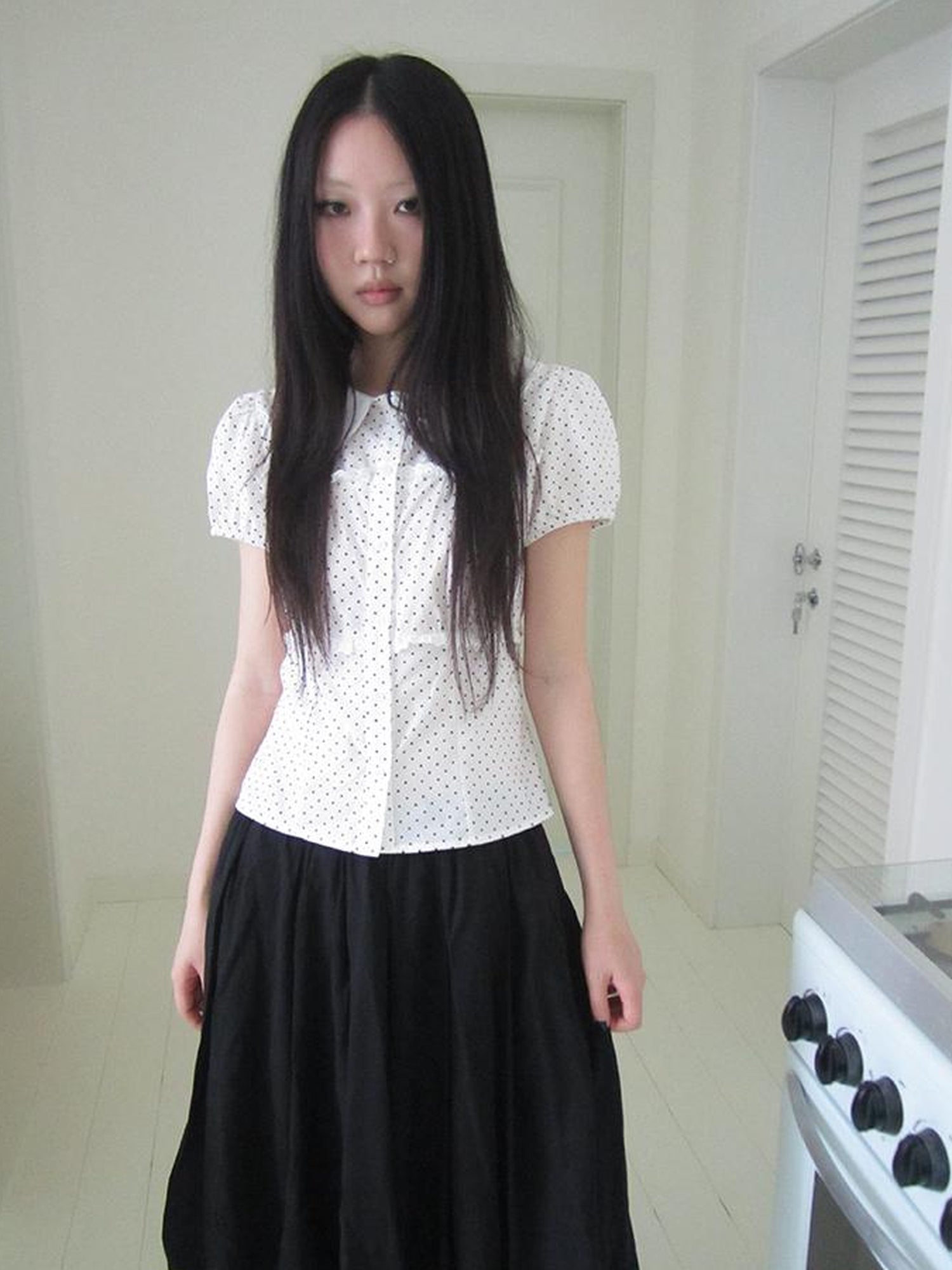 ang project Floral Lace Trim Dot Print Short Sleeve Blouse