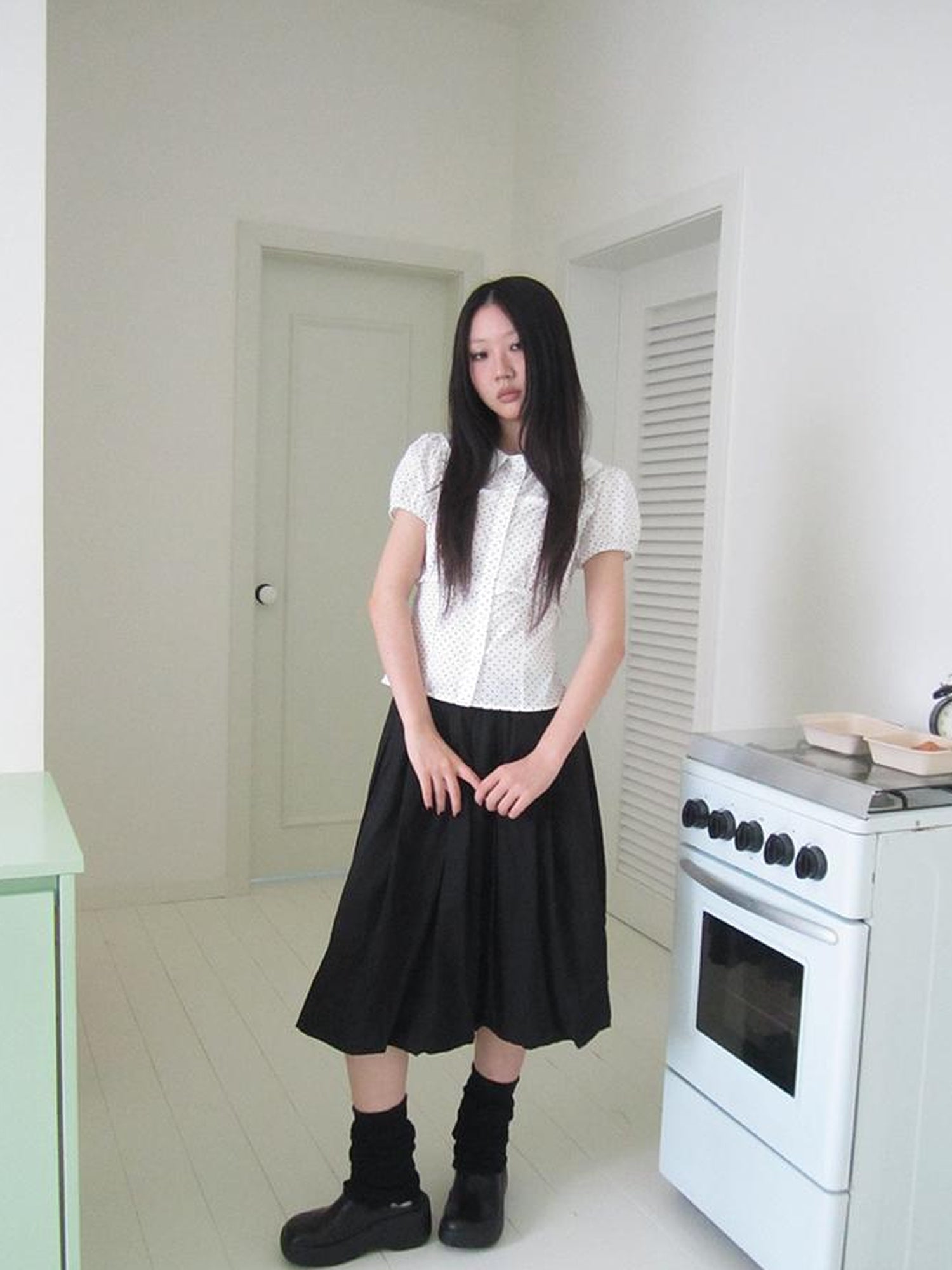 ang project Floral Lace Trim Dot Print Short Sleeve Blouse