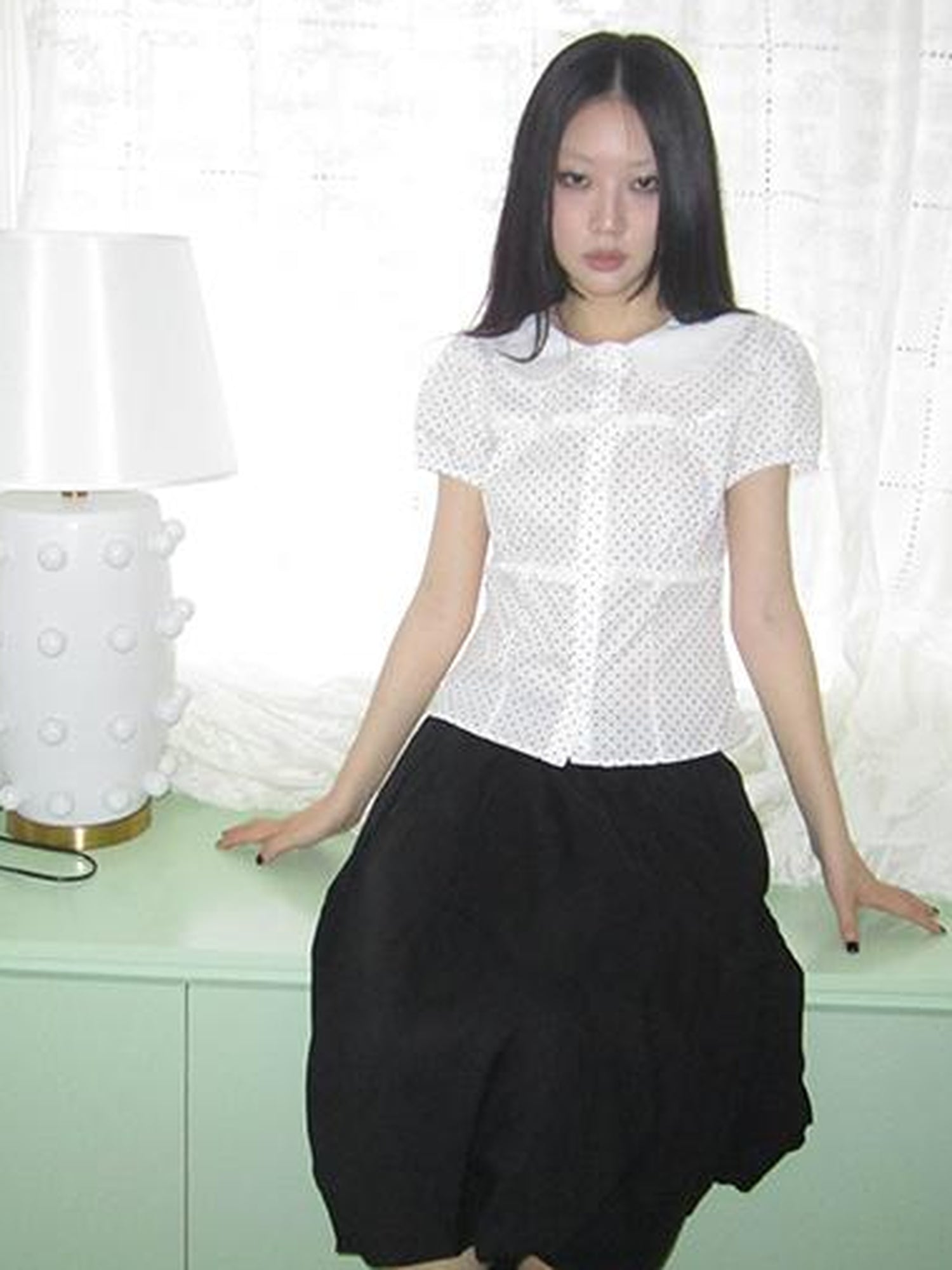 ang project Floral Lace Trim Dot Print Short Sleeve Blouse