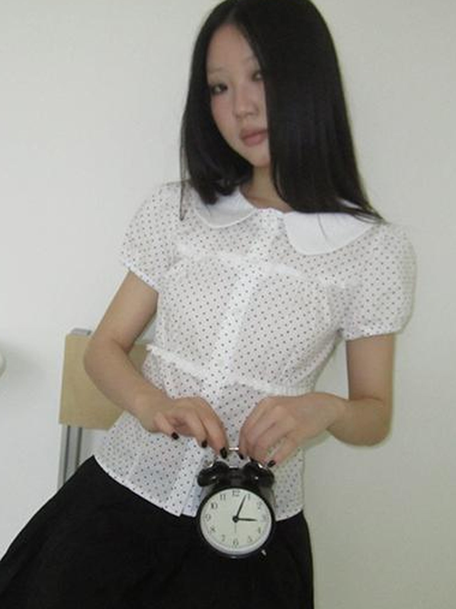 ang project Floral Lace Trim Dot Print Short Sleeve Blouse