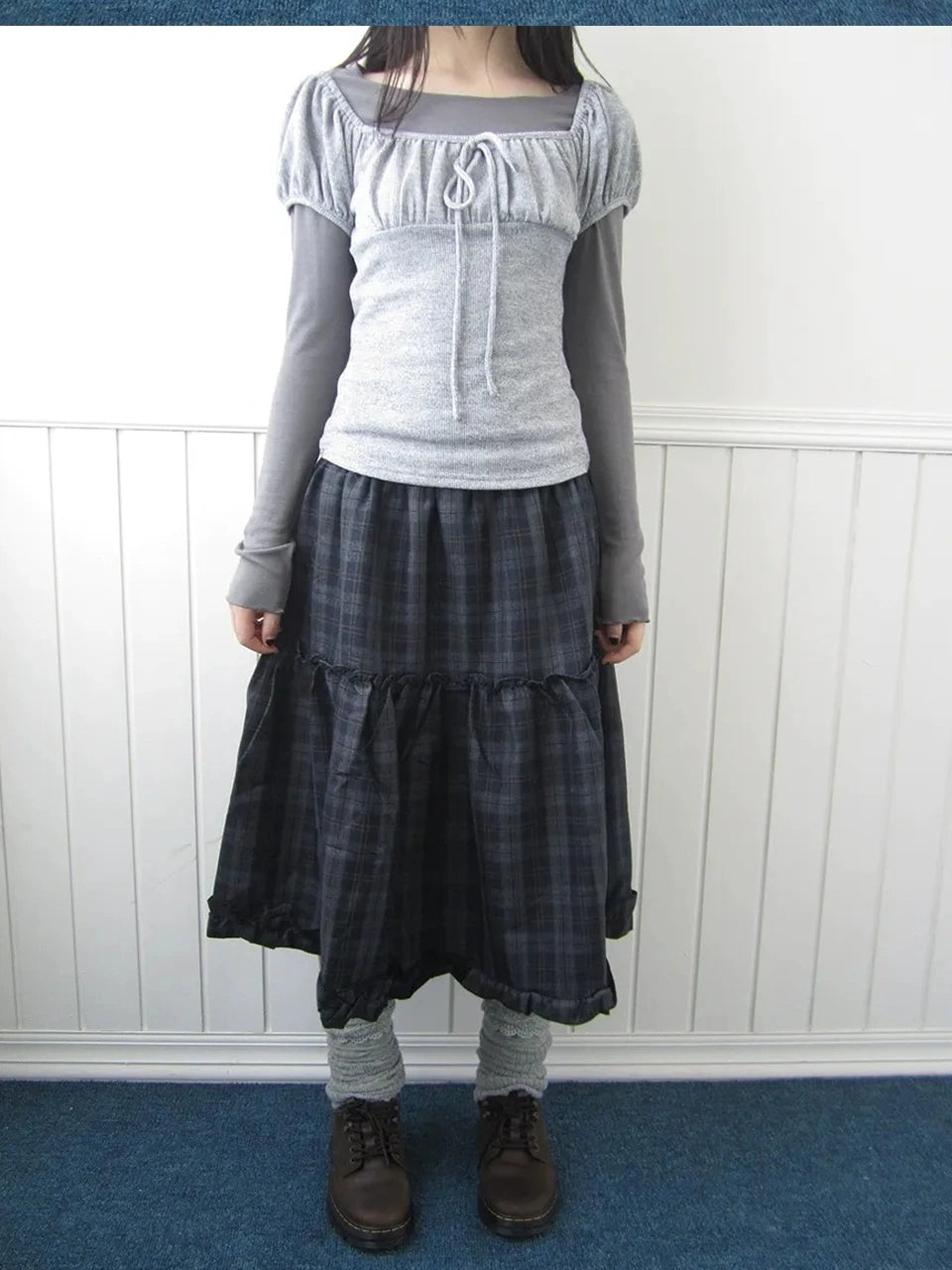 ang project Floral Lace Trim Plaid Skirt With Elastic Waist Skirt