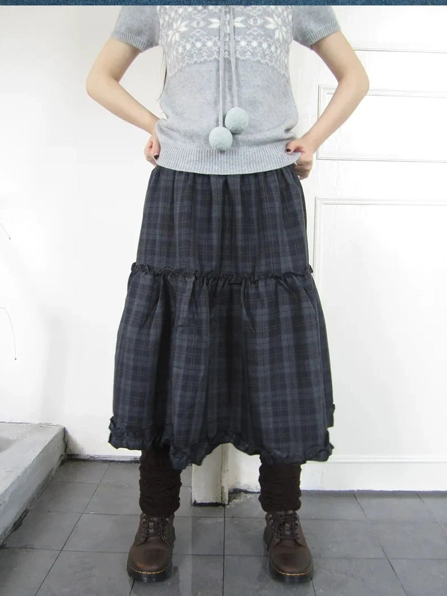 ang project Floral Lace Trim Plaid Skirt With Elastic Waist Skirt