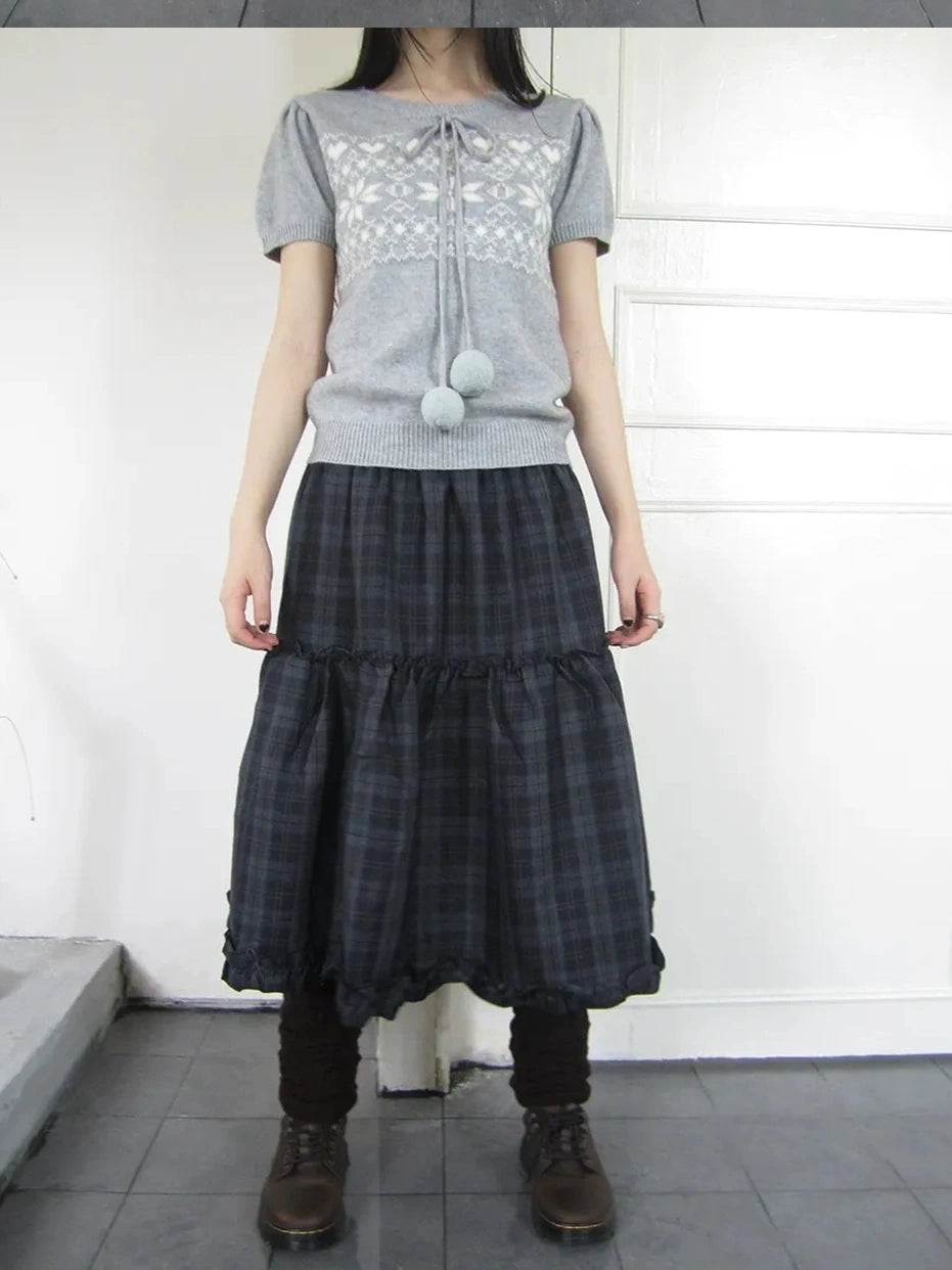 ang project Floral Lace Trim Plaid Skirt With Elastic Waist Skirt