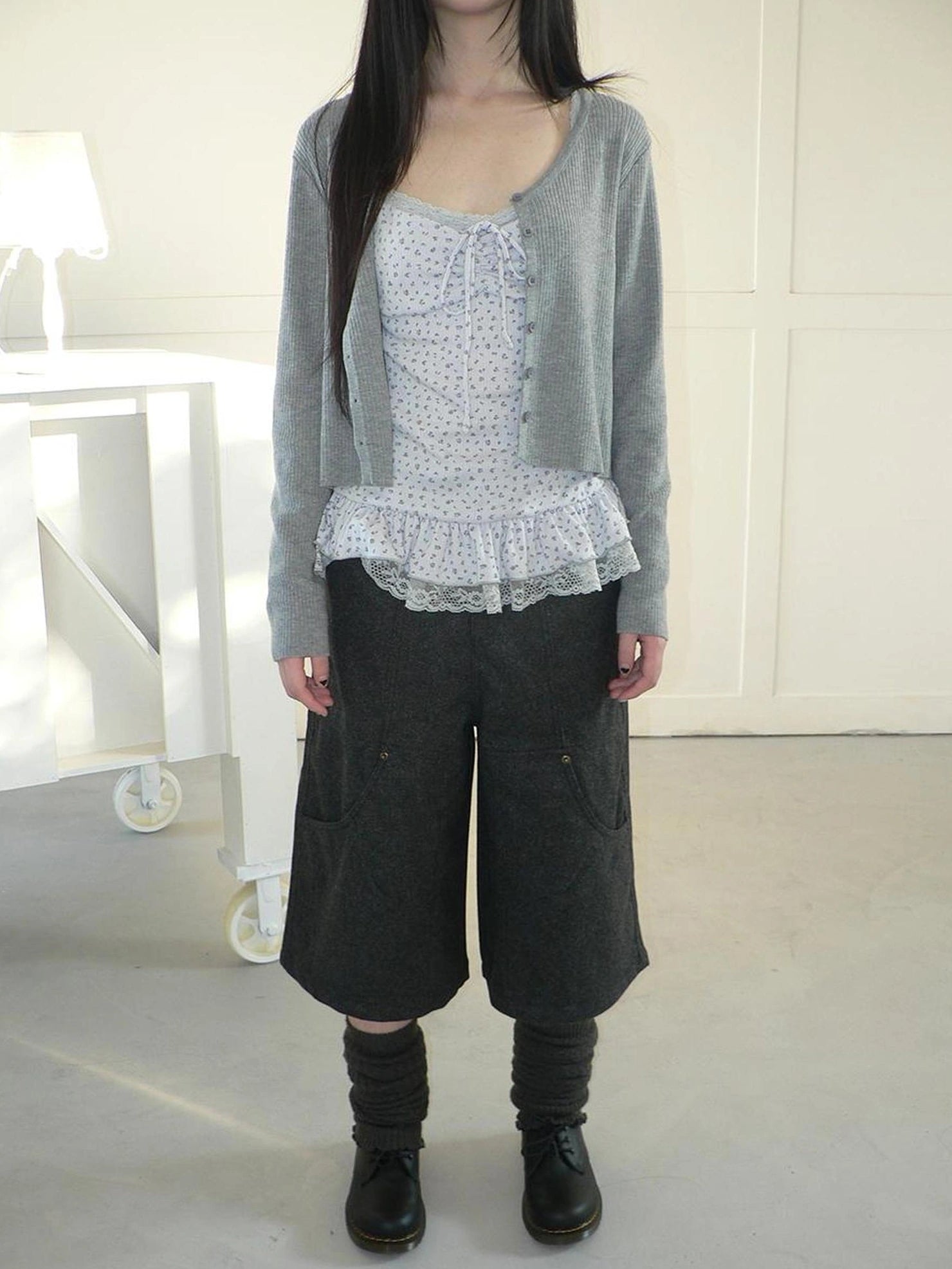 ang project Floral Lace Up Knit Cardigan Two Piece Set Set