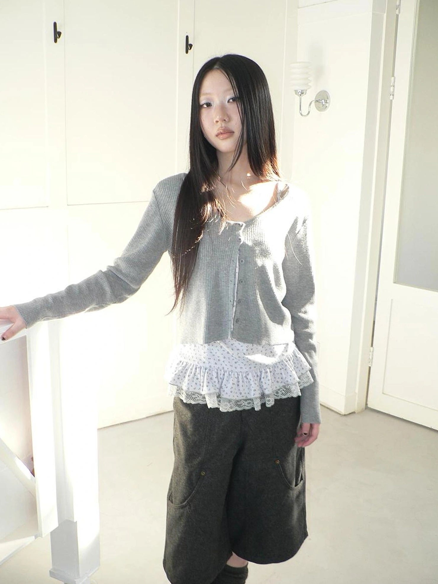 ang project Floral Lace Up Knit Cardigan Two Piece Set Set