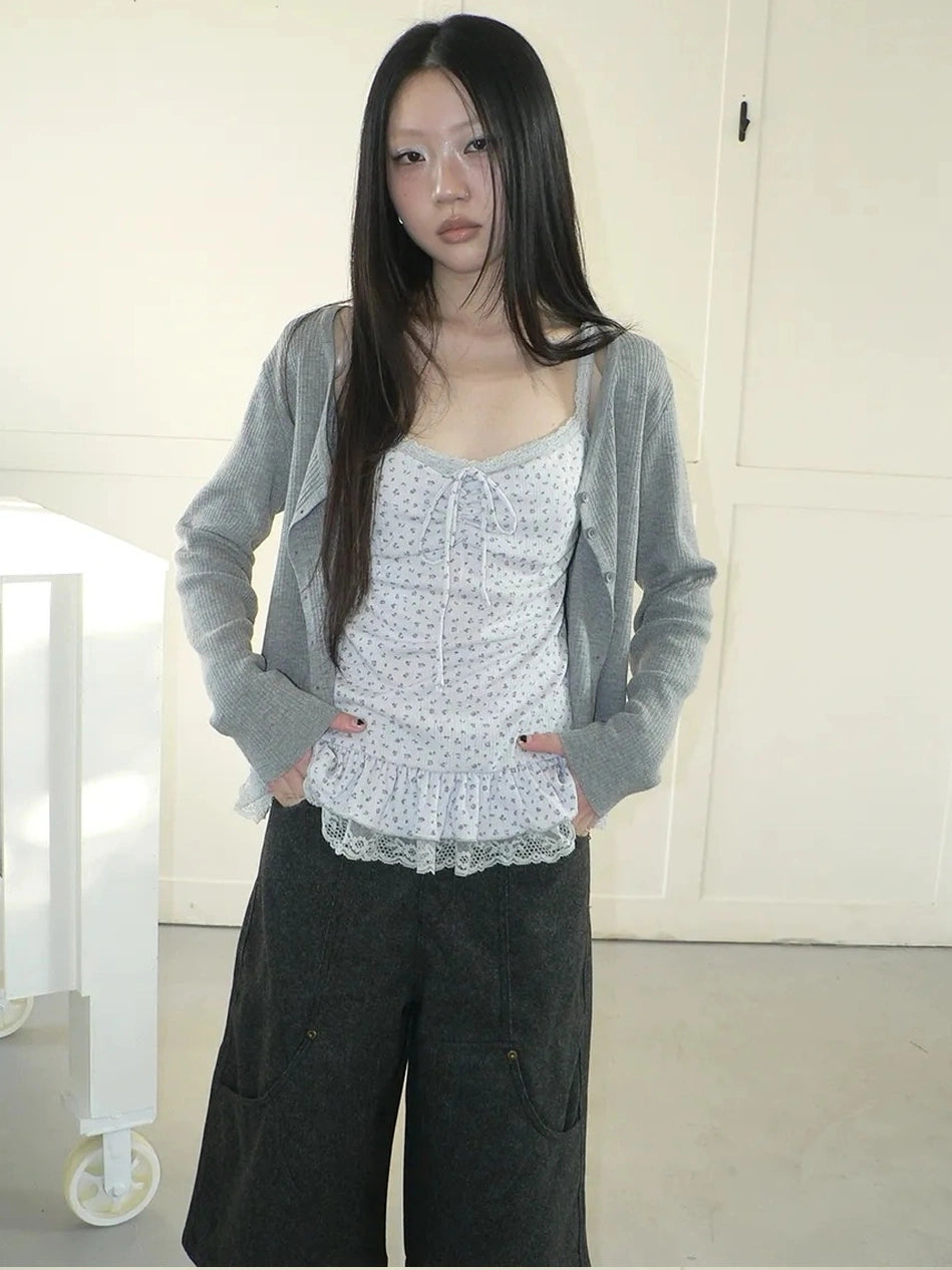 ang project Floral Lace Up Knit Cardigan Two Piece Set Set