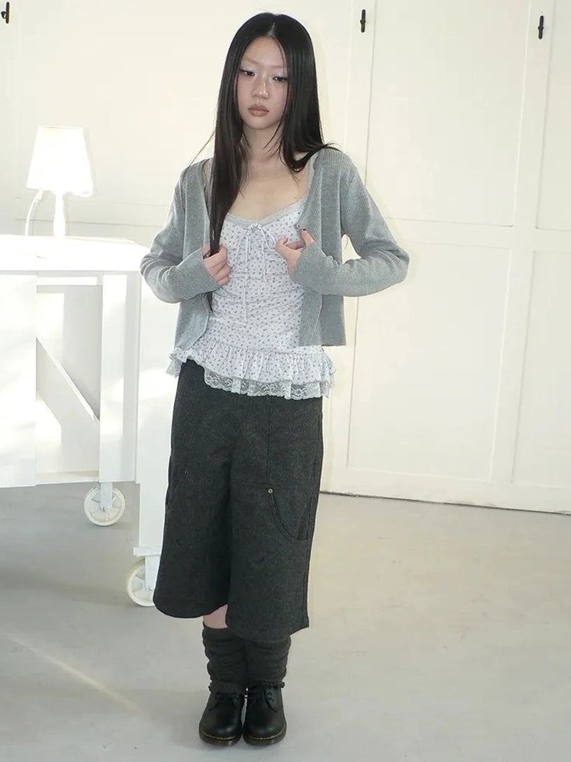 ang project Floral Lace Up Knit Cardigan Two Piece Set Set