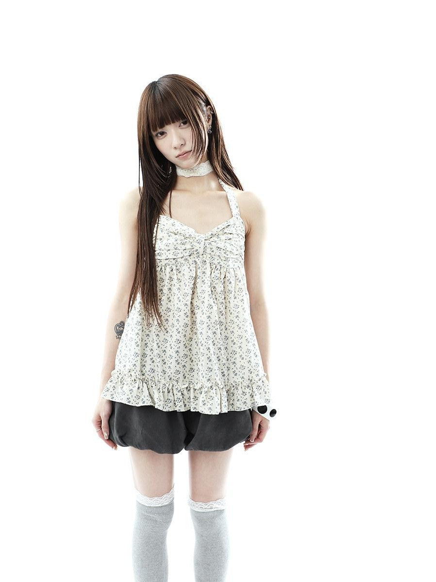 ang project Floral Print Ruffle Halter Tie V-neck Loose Women&