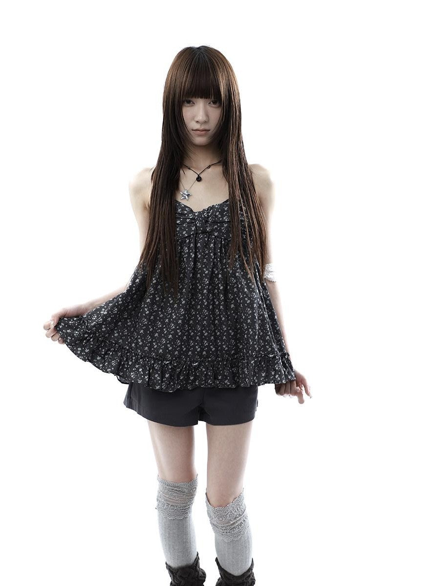 ang project Floral Print Ruffle Halter Tie V-neck Loose Women&