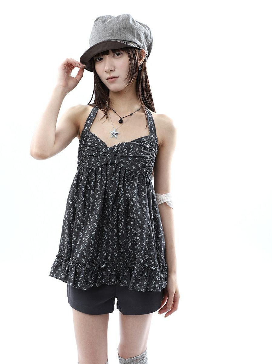 ang project Floral Print Ruffle Halter Tie V-neck Loose Women&