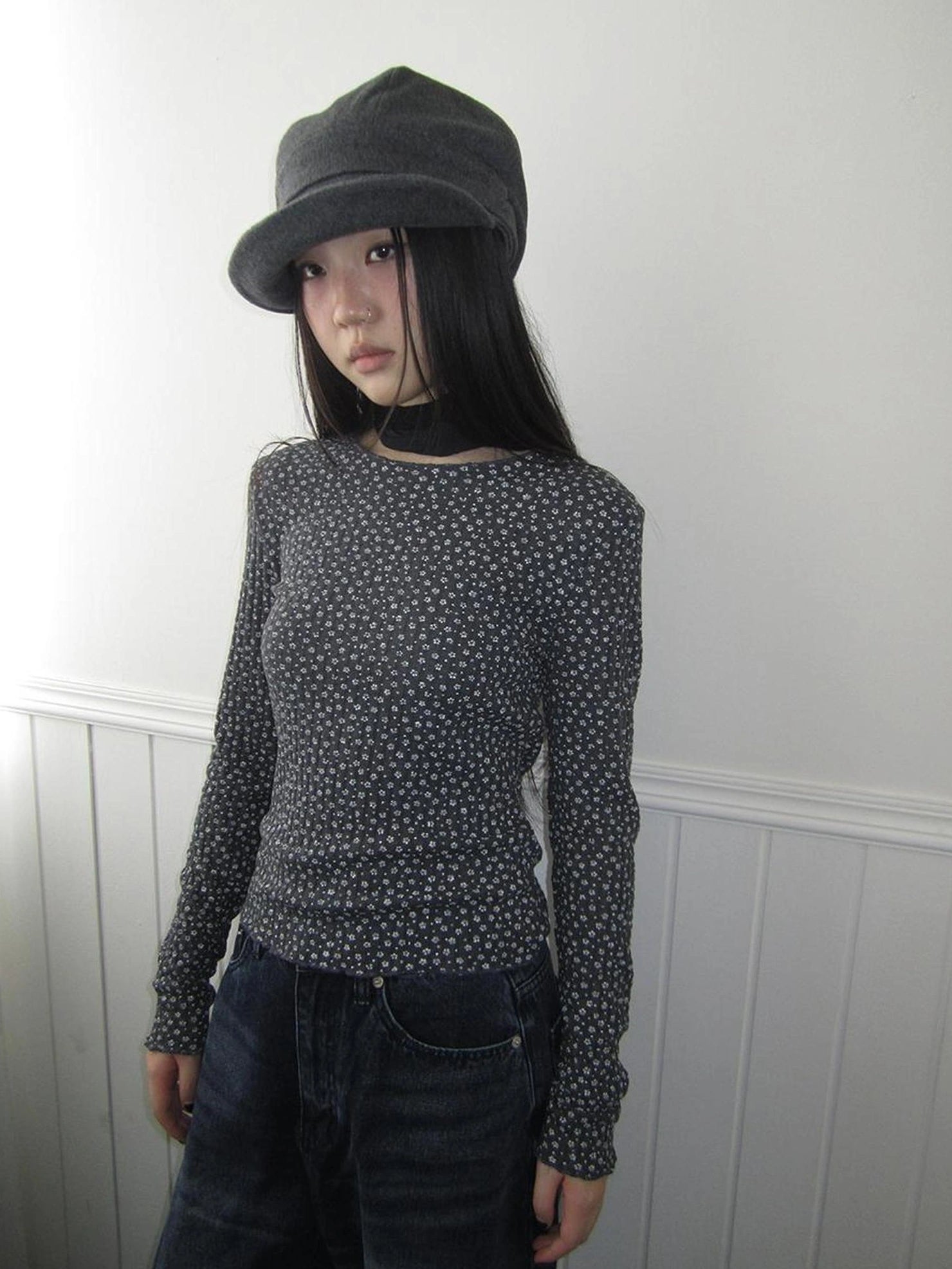 ang project Floral Ruffle Sleeve Stretch Top T-shirt