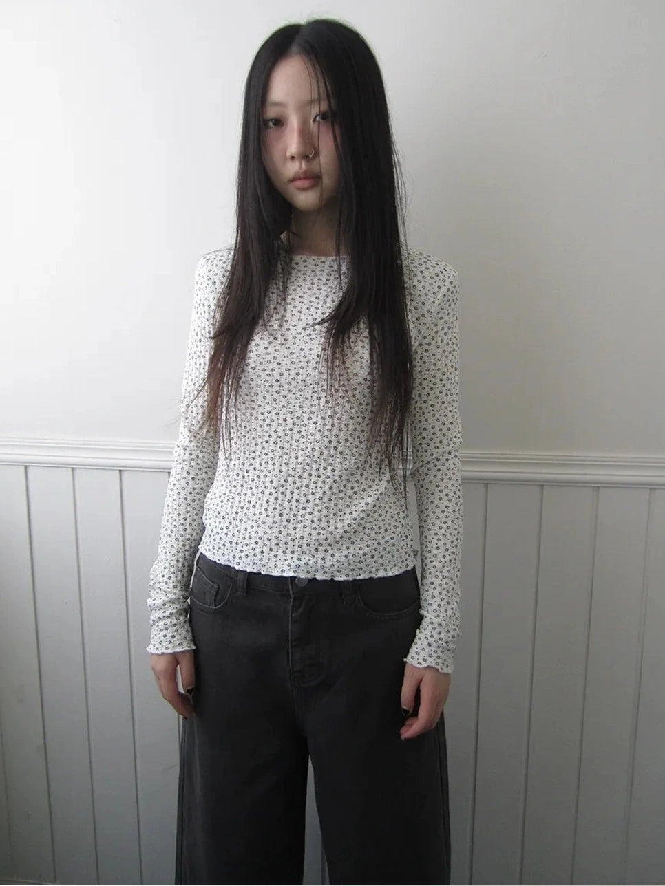 ang project Floral Ruffle Sleeve Stretch Top T-shirt