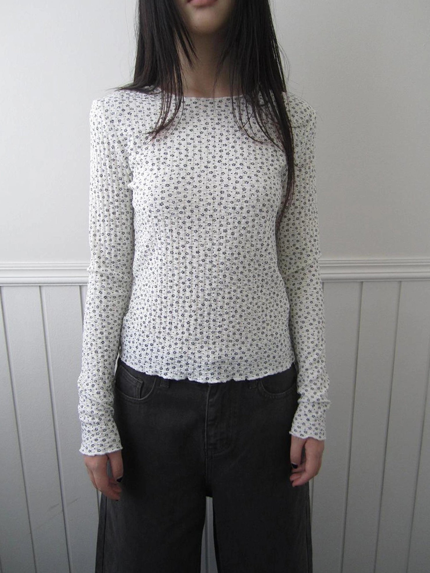 ang project Floral Ruffle Sleeve Stretch Top T-shirt