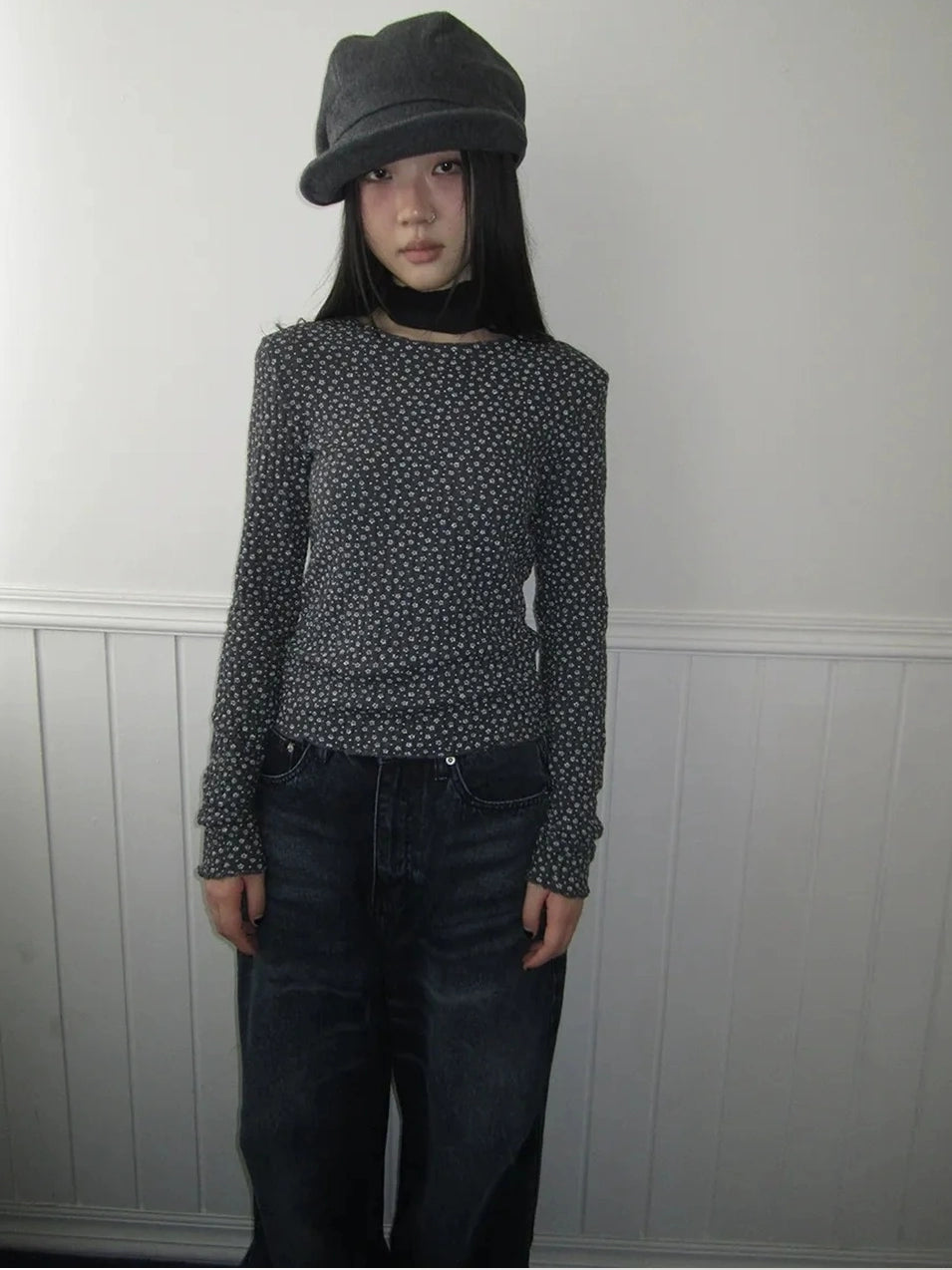 ang project Floral Ruffle Sleeve Stretch Top T-shirt