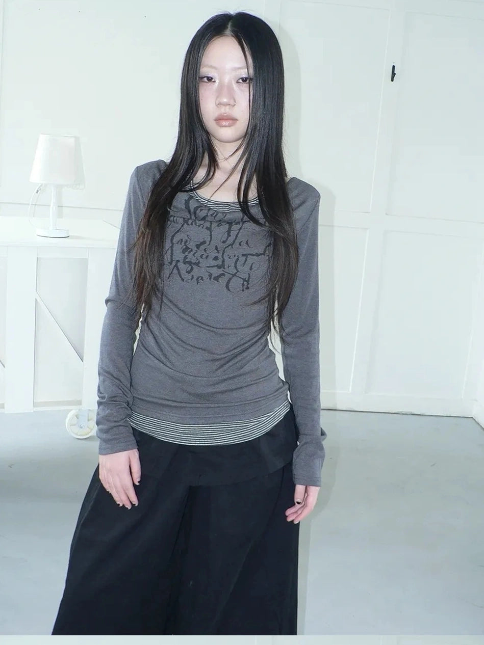 ang project Flowy Floral Print Layered Neckline Striped Long Sleeve Tee T-shirt