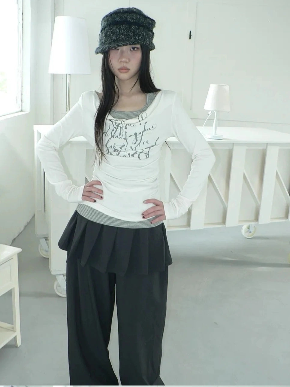 ang project Flowy Floral Print Layered Neckline Striped Long Sleeve Tee T-shirt