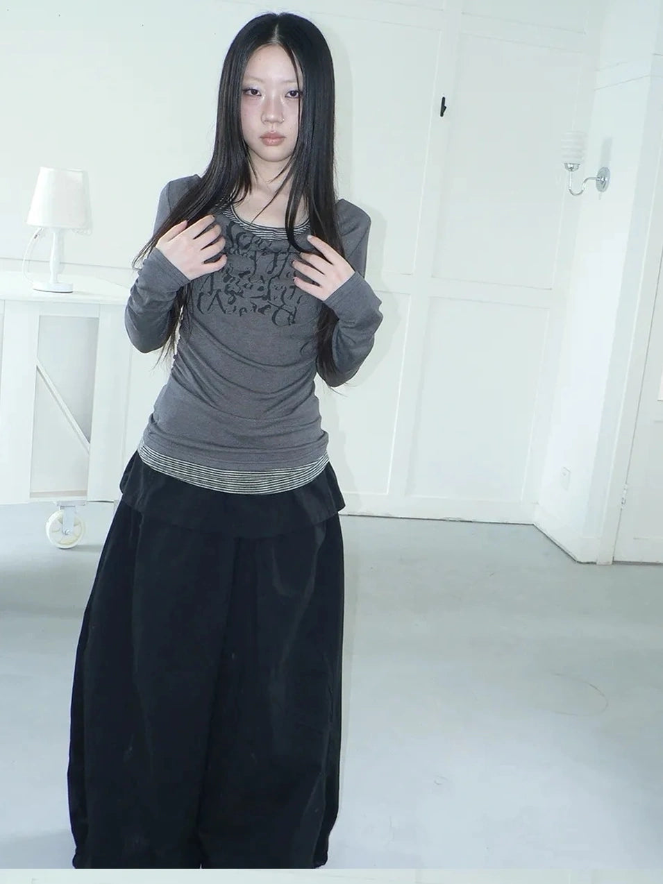 ang project Flowy Floral Print Layered Neckline Striped Long Sleeve Tee T-shirt