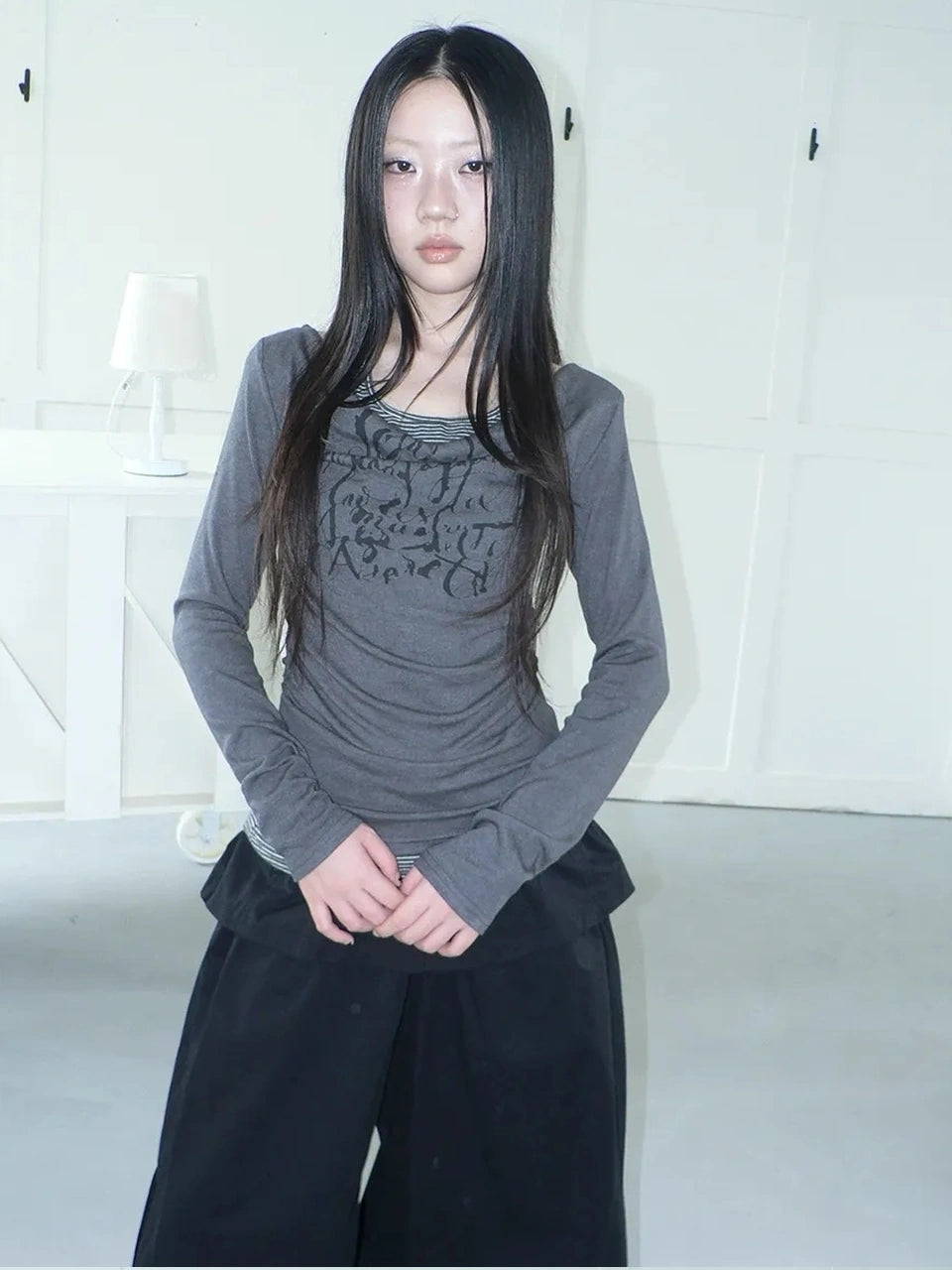 ang project Flowy Floral Print Layered Neckline Striped Long Sleeve Tee T-shirt