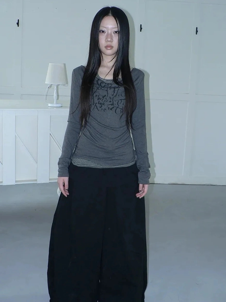 ang project Flowy Floral Print Layered Neckline Striped Long Sleeve Tee T-shirt