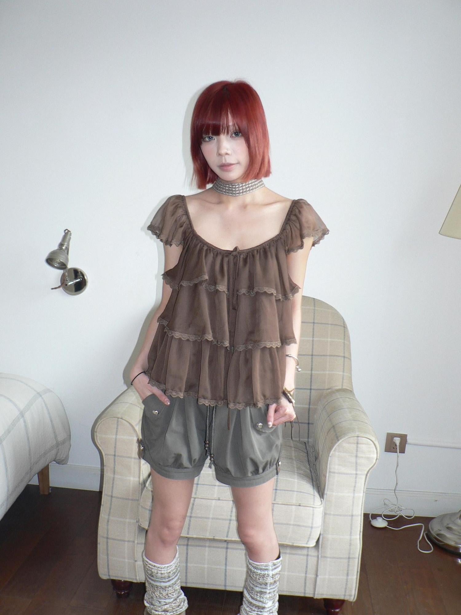 ang project Forest Layered Lace Tie Straight Neckline Flutter Sleeve Women&