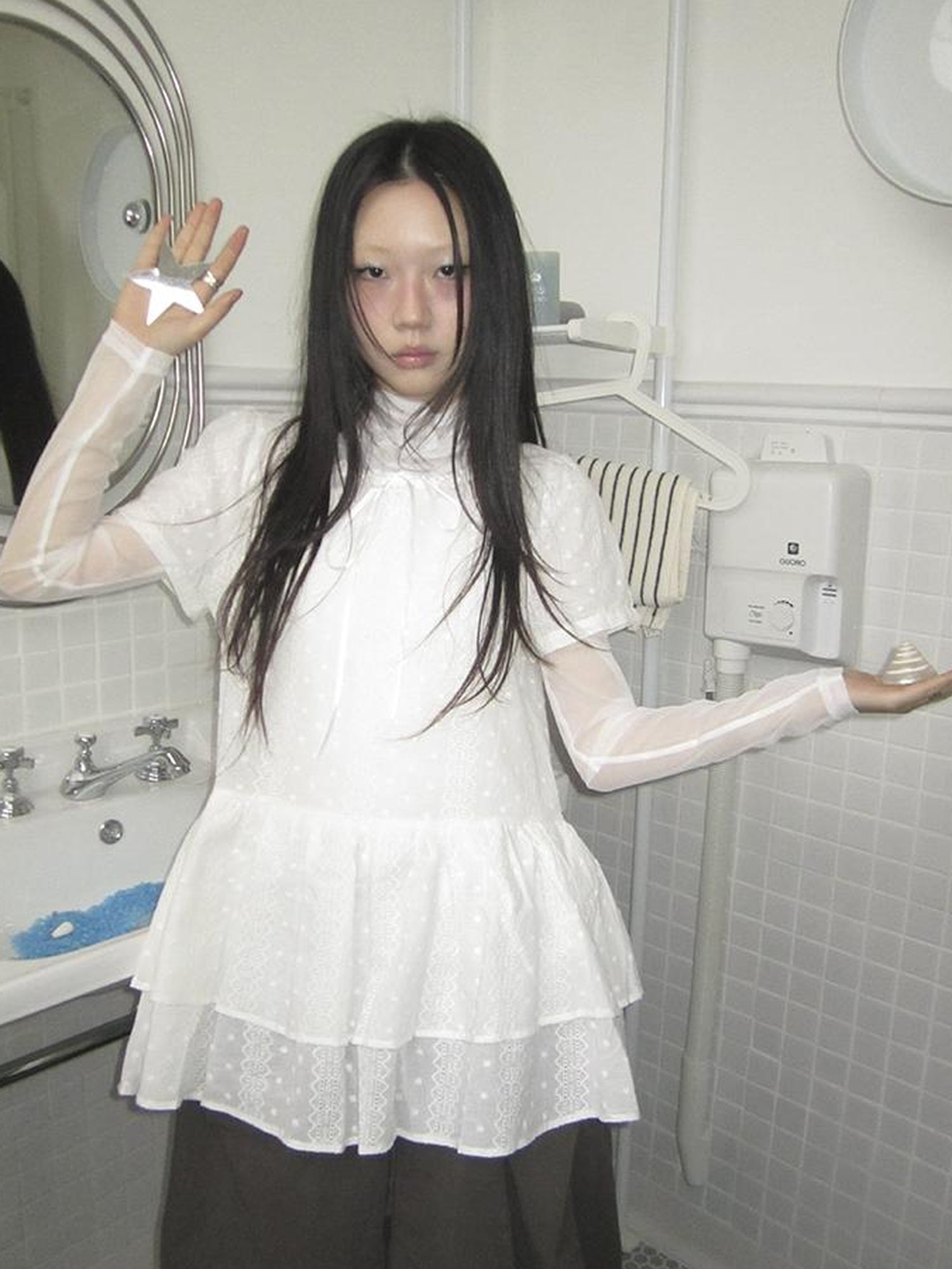 Updateang project French Lace Embroidered White Tiered Hem Short Sleeve Top