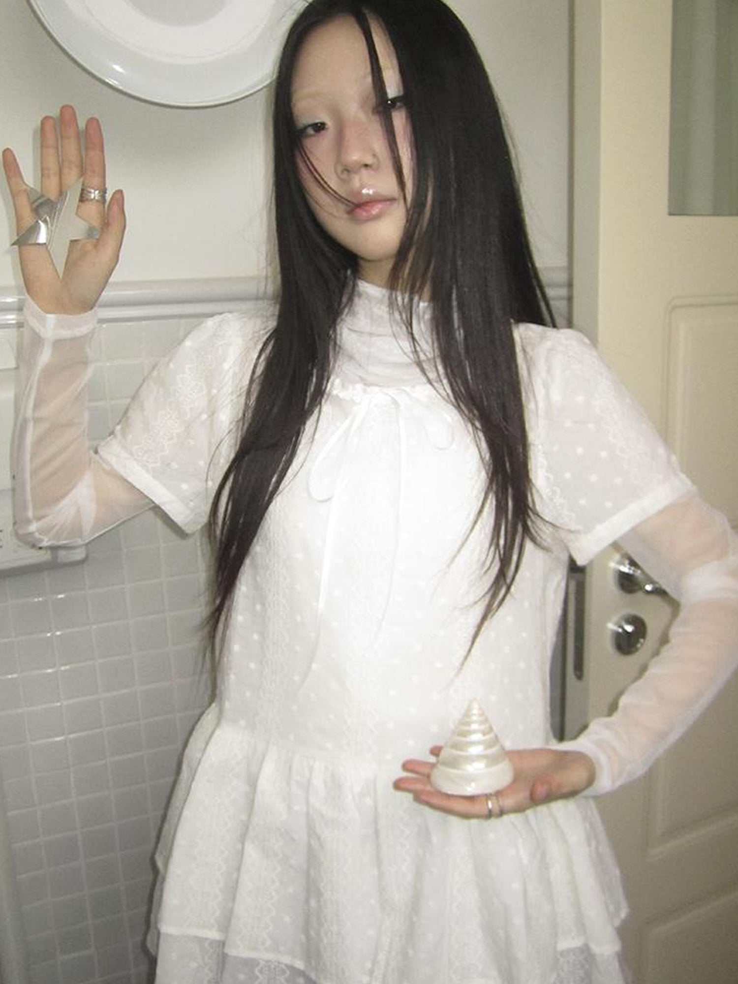Updateang project French Lace Embroidered White Tiered Hem Short Sleeve Top