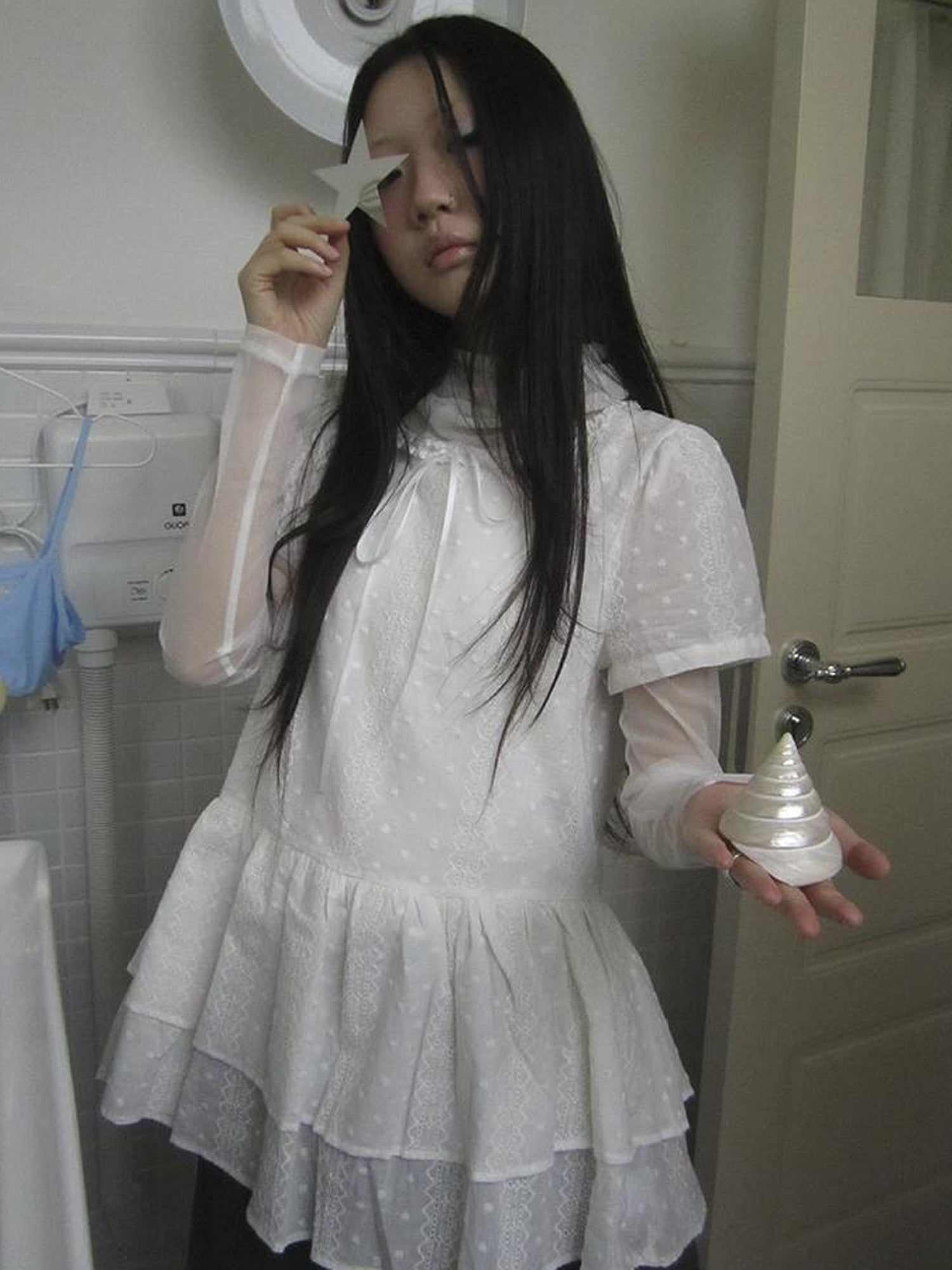 Updateang project French Lace Embroidered White Tiered Hem Short Sleeve Top