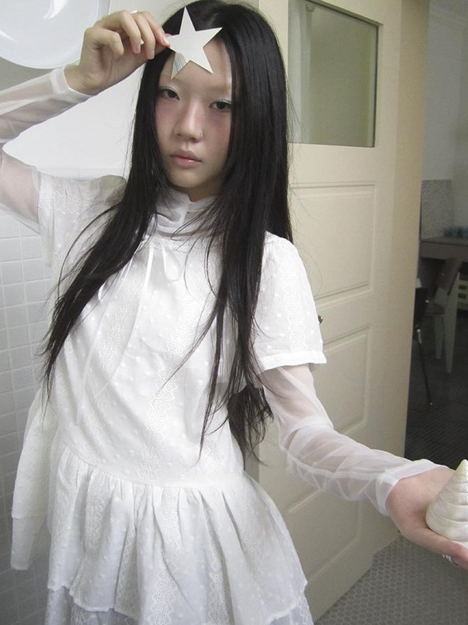 Updateang project French Lace Embroidered White Tiered Hem Short Sleeve Top
