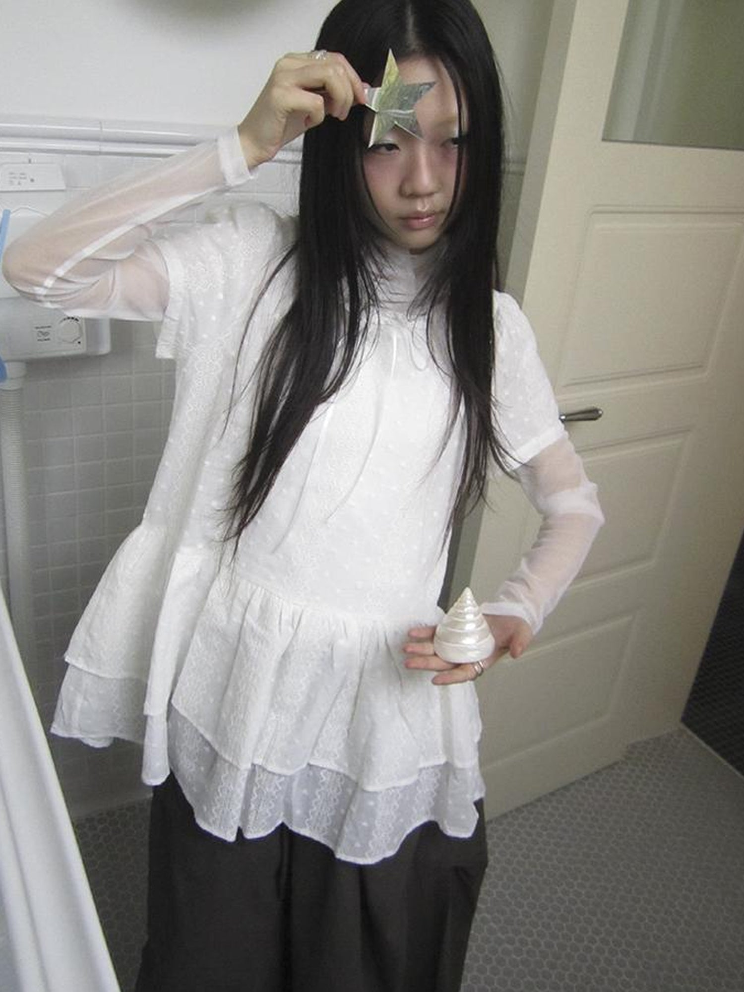 Updateang project French Lace Embroidered White Tiered Hem Short Sleeve Top