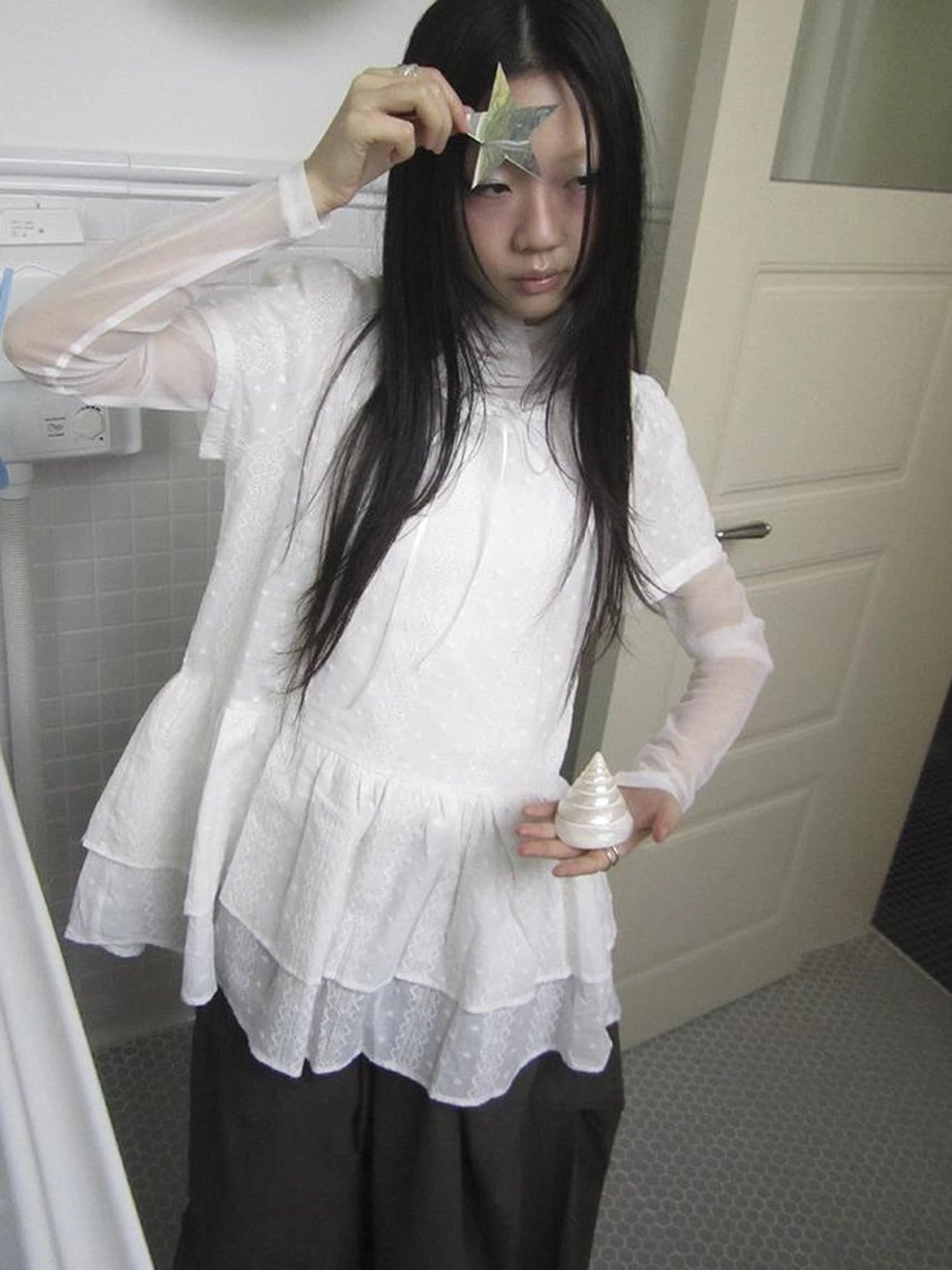 French Lace Embroidered White Tiered Hem Short Sleeve Top