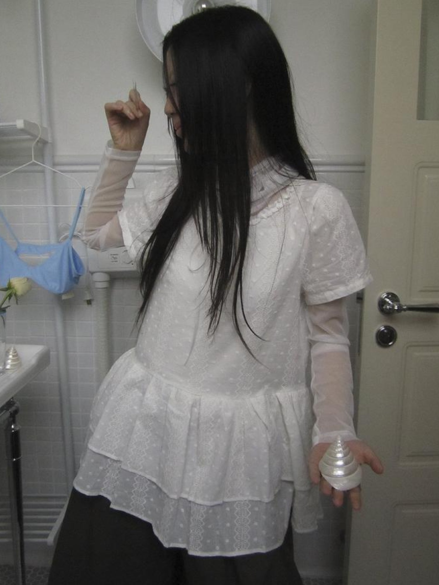 Updateang project French Lace Embroidered White Tiered Hem Short Sleeve Top