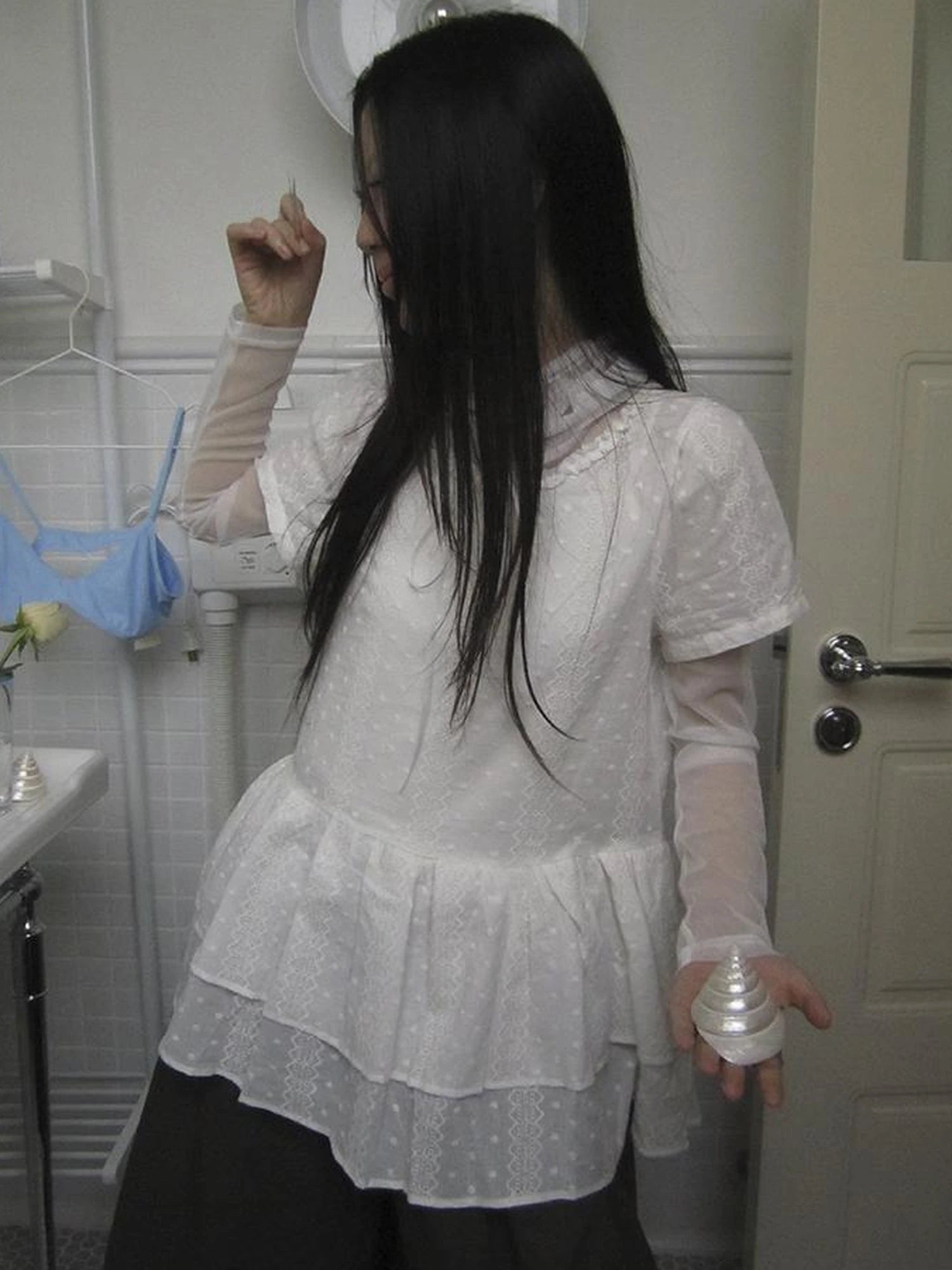 French Lace Embroidered White Tiered Hem Short Sleeve Top