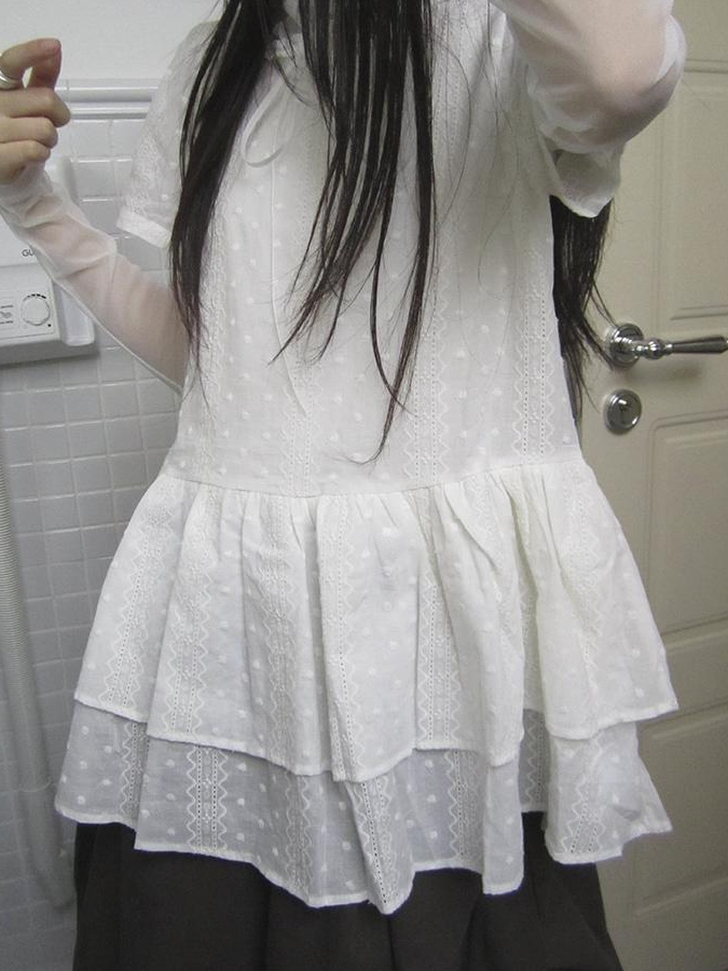 Updateang project French Lace Embroidered White Tiered Hem Short Sleeve Top