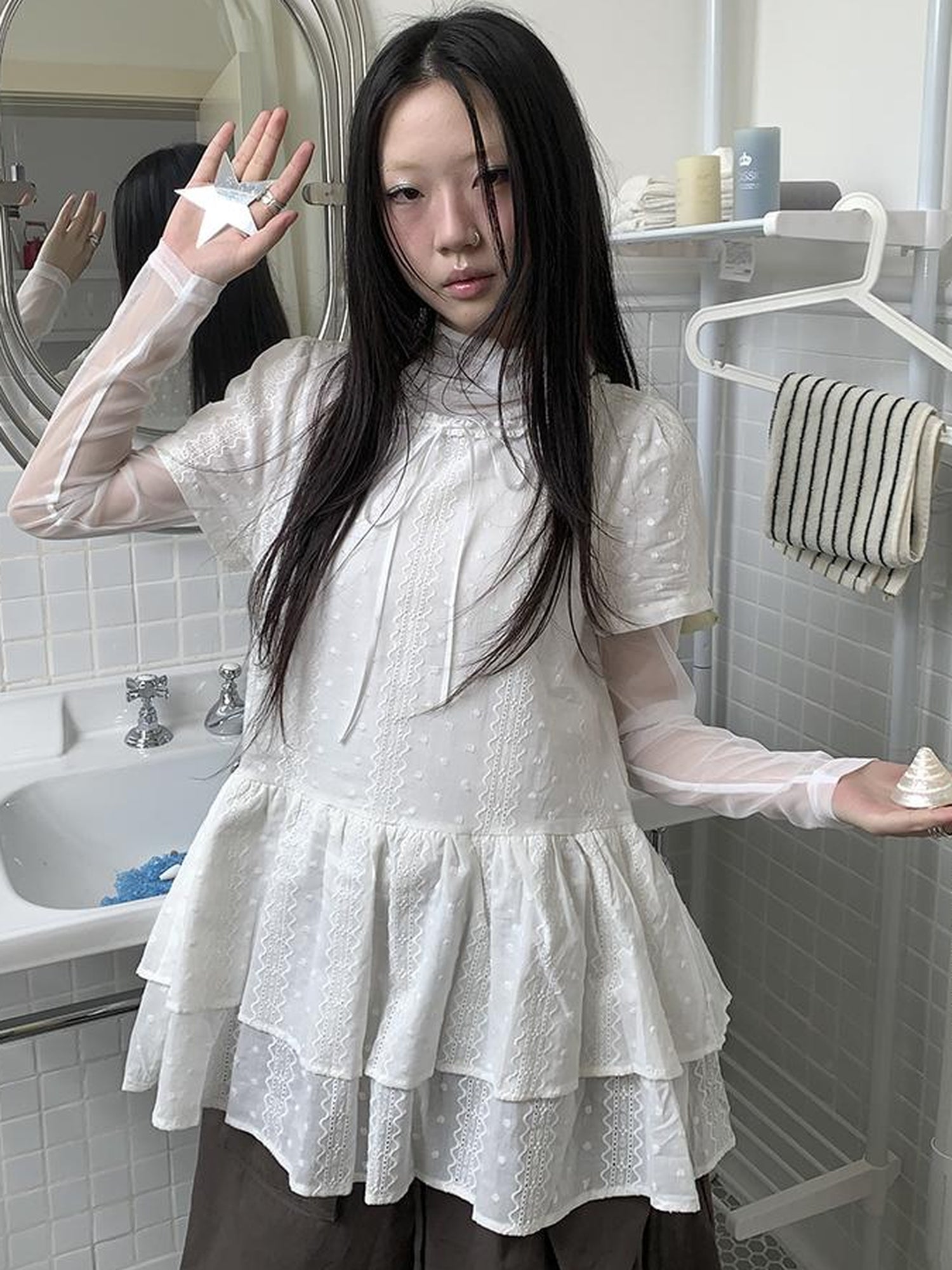 Updateang project French Lace Embroidered White Tiered Hem Short Sleeve Top