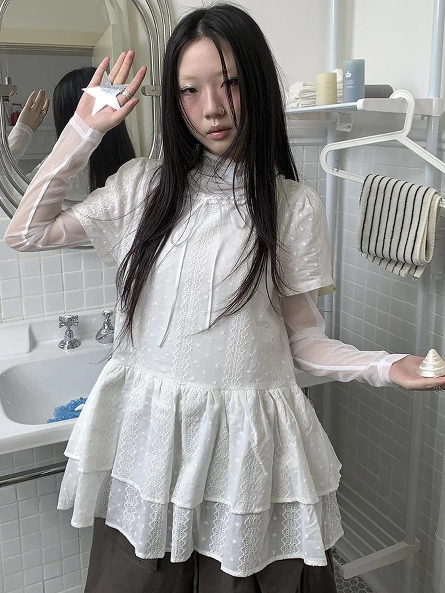 French Lace Embroidered White Tiered Hem Short Sleeve Top