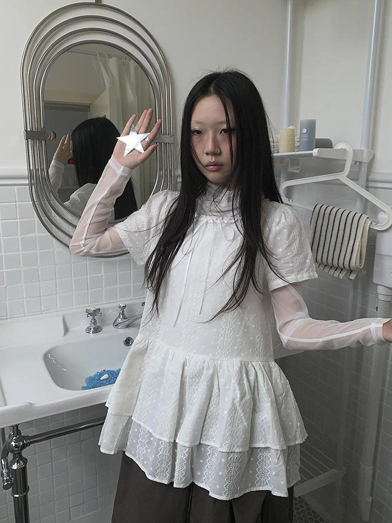 French Lace Embroidered White Tiered Hem Short Sleeve Top