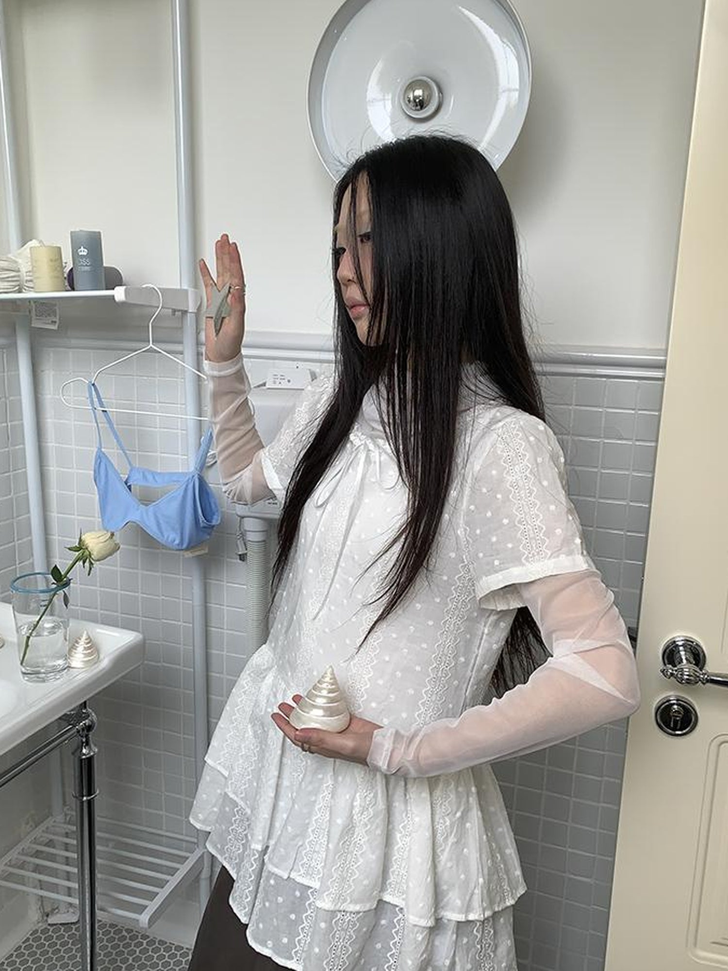 Updateang project French Lace Embroidered White Tiered Hem Short Sleeve Top