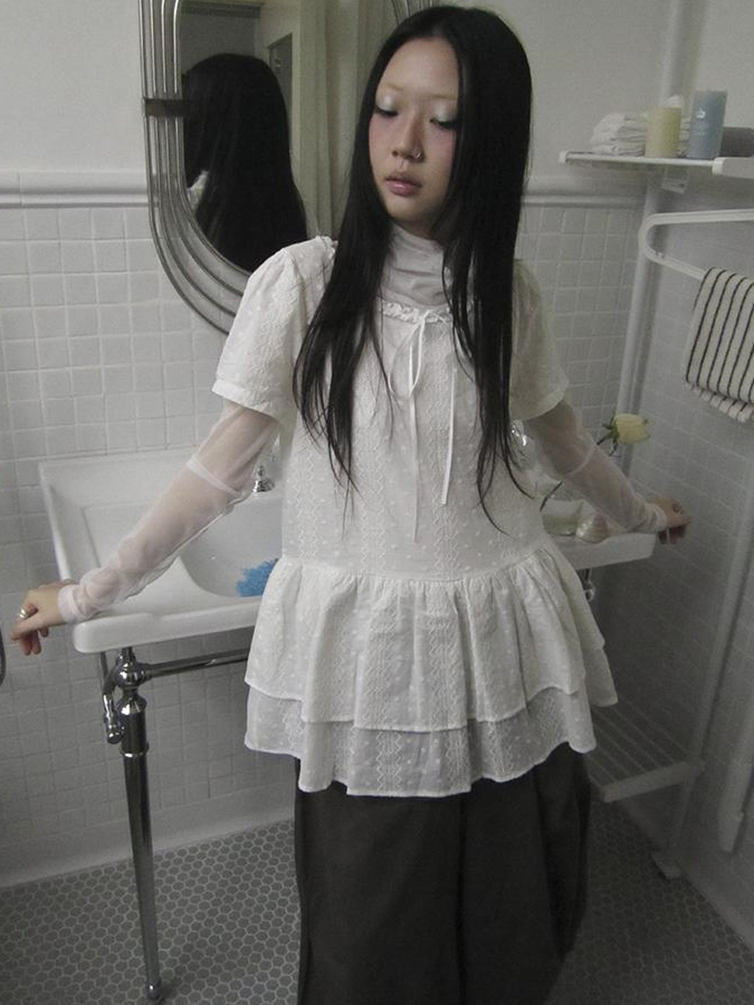Updateang project French Lace Embroidered White Tiered Hem Short Sleeve Top