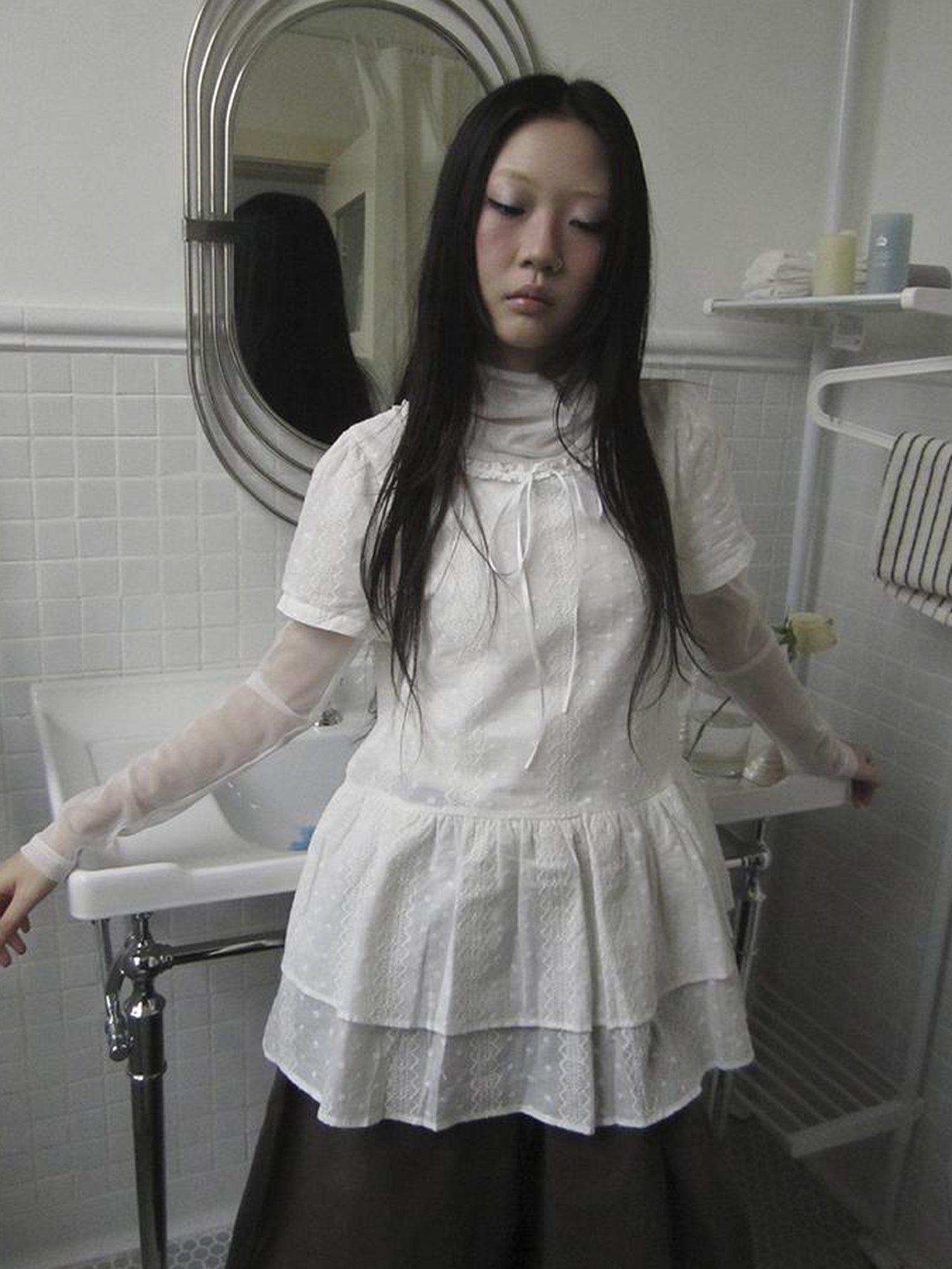 Updateang project French Lace Embroidered White Tiered Hem Short Sleeve Top