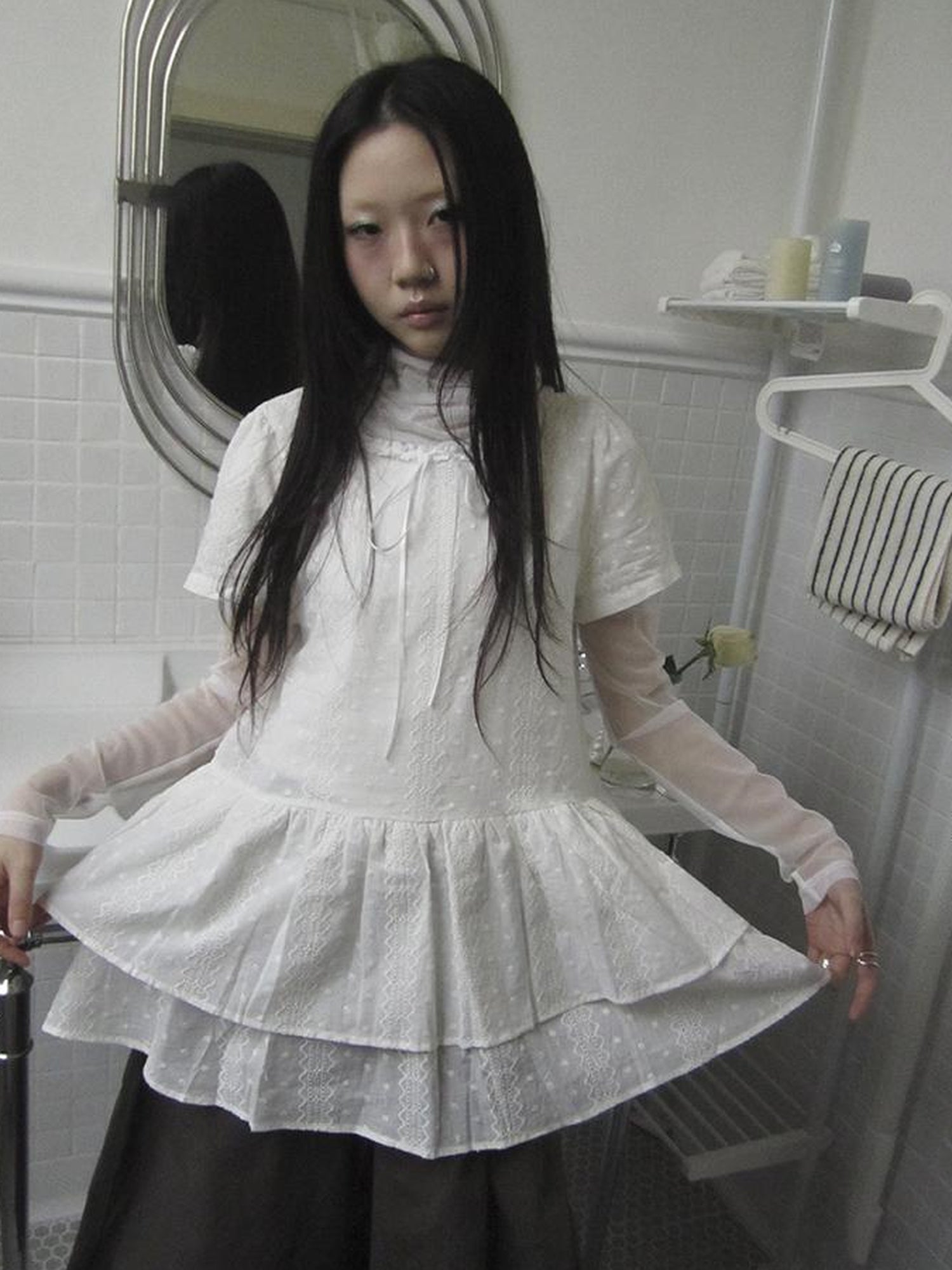 Updateang project French Lace Embroidered White Tiered Hem Short Sleeve Top