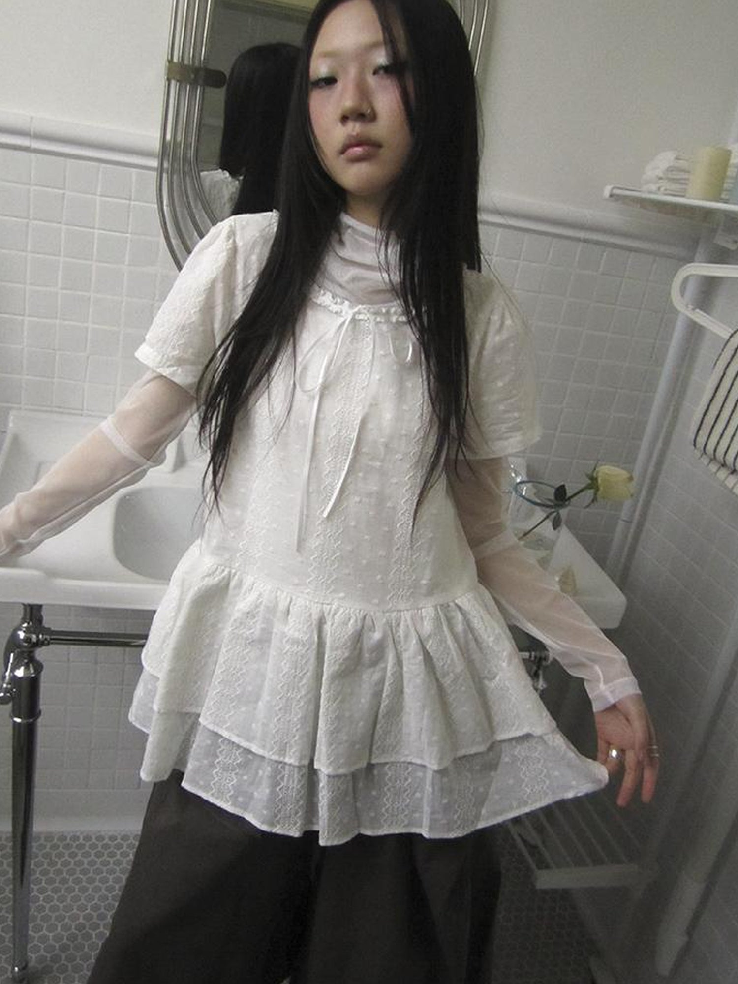 Updateang project French Lace Embroidered White Tiered Hem Short Sleeve Top