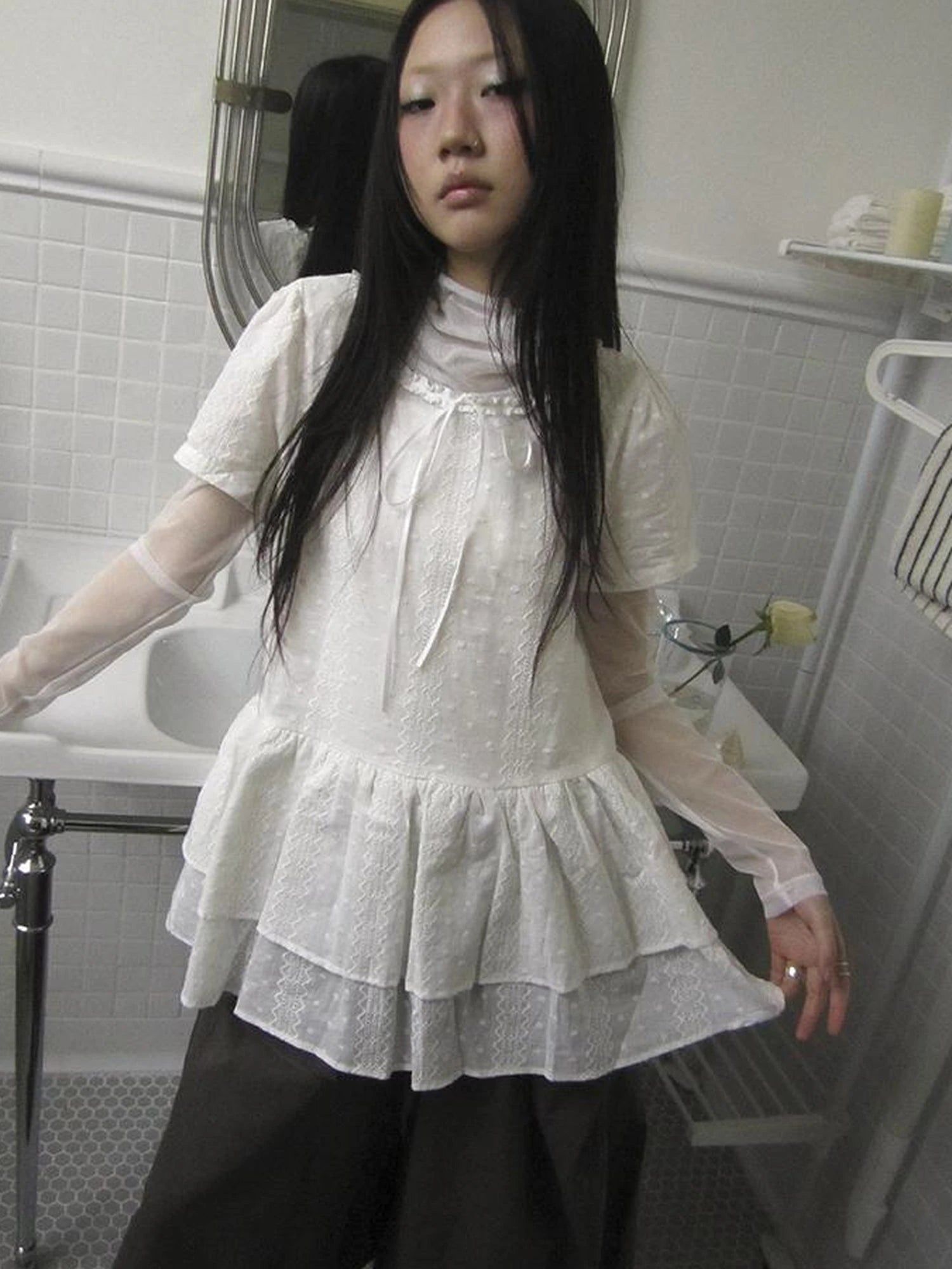French Lace Embroidered White Tiered Hem Short Sleeve Top