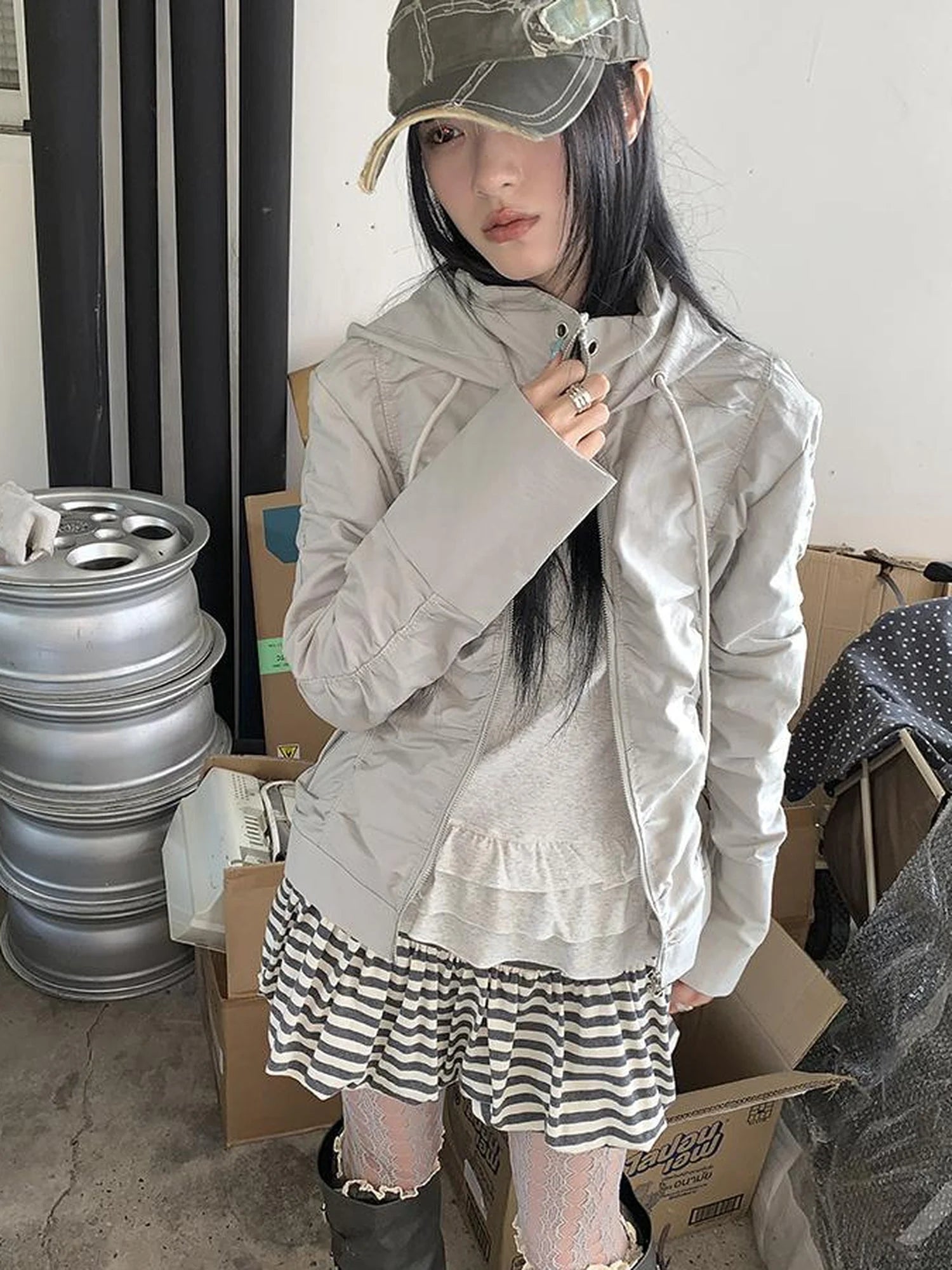 Functional Grey Hooded Wrinkle Resistant Outdoor Jacket