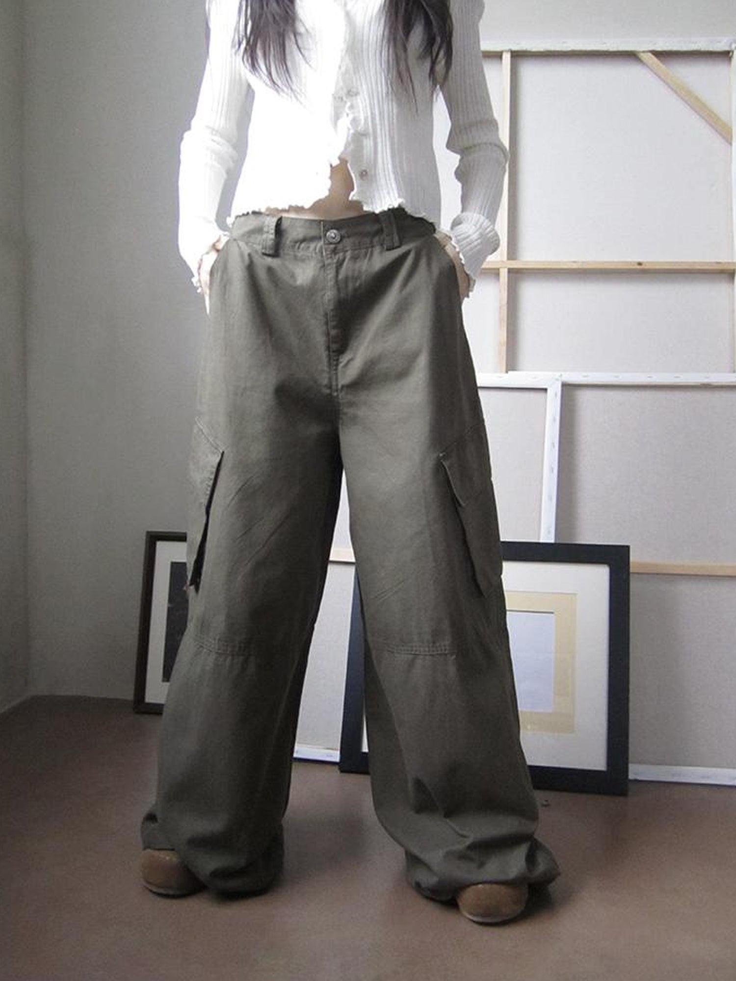 ang project Functional Utility High Waisted Wide Leg Pants With Multi Pockets